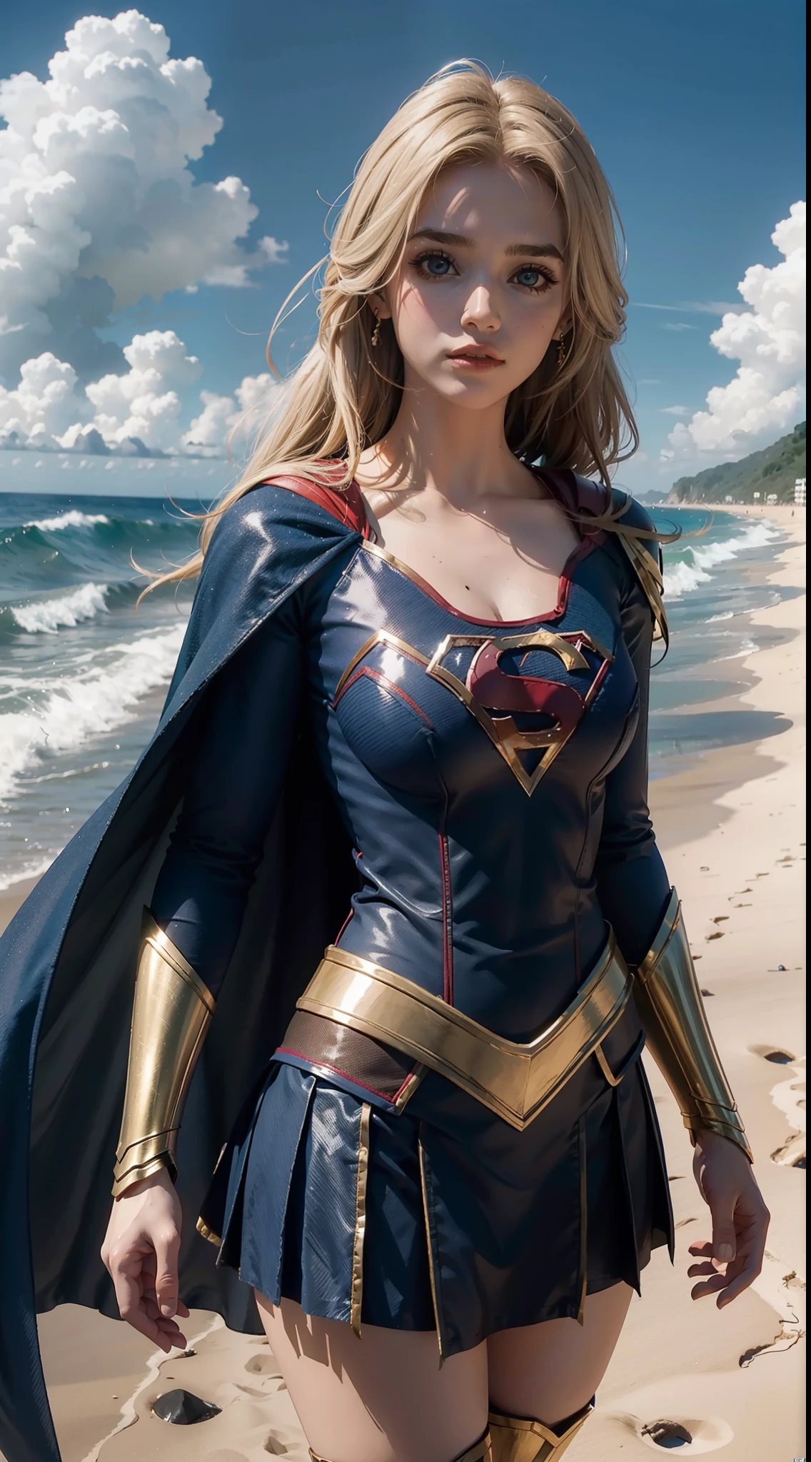 Mulher bonita cabelo curto corpo definido seios grandes, coxas grandes vestindo um cosplay de Supergirl, olhos bem desenhados , sobrevoando a praia .