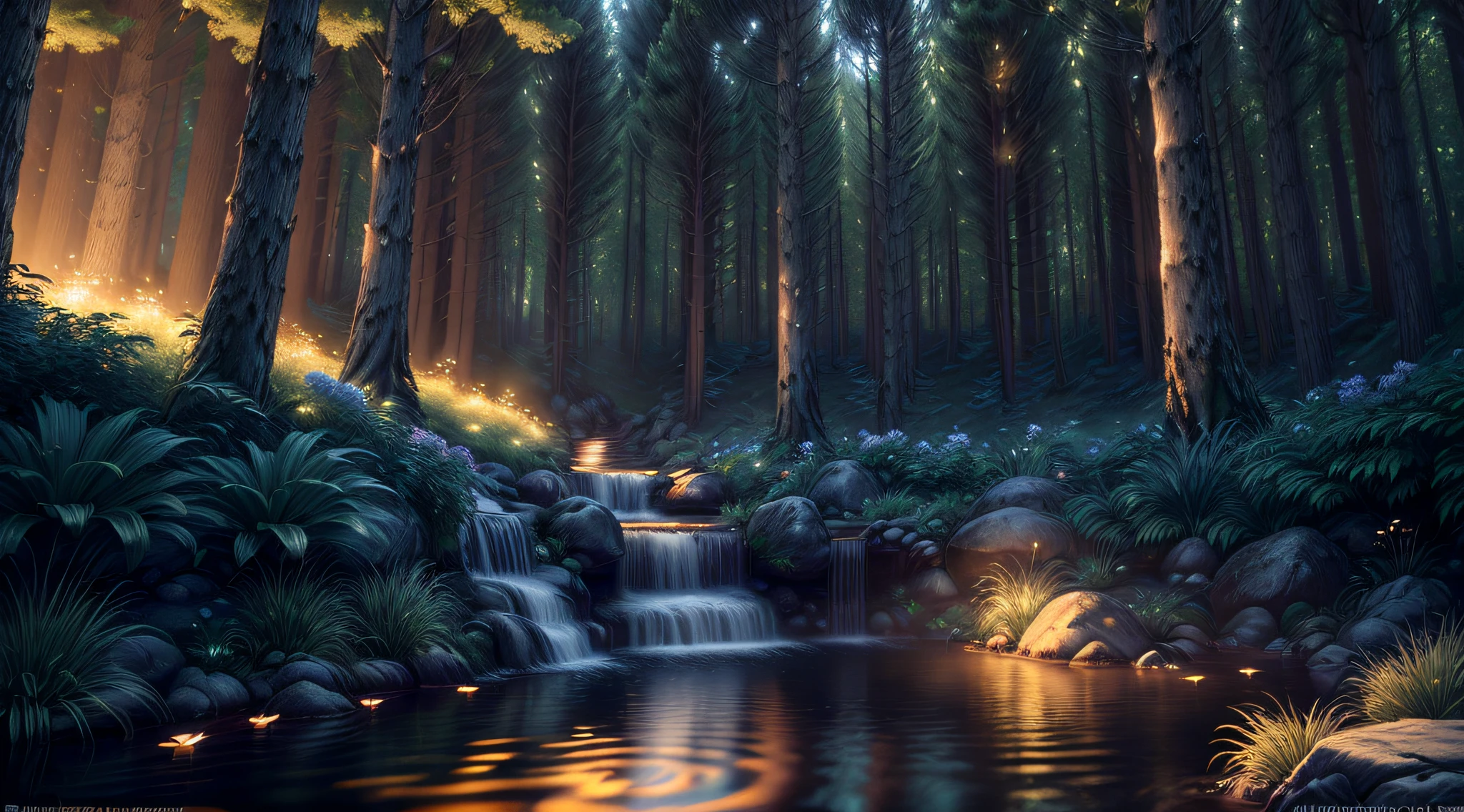 Masterpiece, best quality, (CG 8k wallpaper very detailed), (best quality), (best illustration), (best shadows), bright sprite, drinking water pool, natural elements in forest theme . Mysterious forest, beautiful forest, nature, surrounded by flowers, delicate leaves and branches surrounded by fireflies (natural elements), (jungle theme), (leaves), (branches), (fireflies), (particle effects) etc.3D, Octane rendering, ray tracing, super detailed