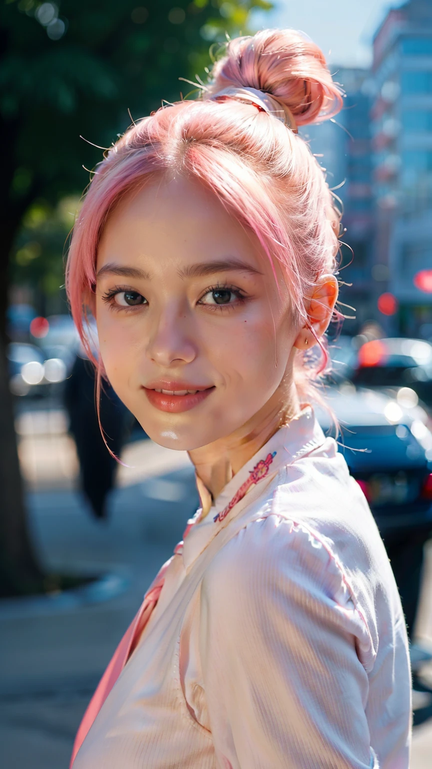 Portrait of a young European girl, (laughter: 0.7), posing, looking at the camera, pink ponytail hair, complex city background, backlight, (movie: 1.5), epic realism, ultra-detailed, crazy detail, intricate details, accent lighting, soft volumetric light, bokeh, (dramatic light: 1.2), (neutral color: 1.3), cross-processing