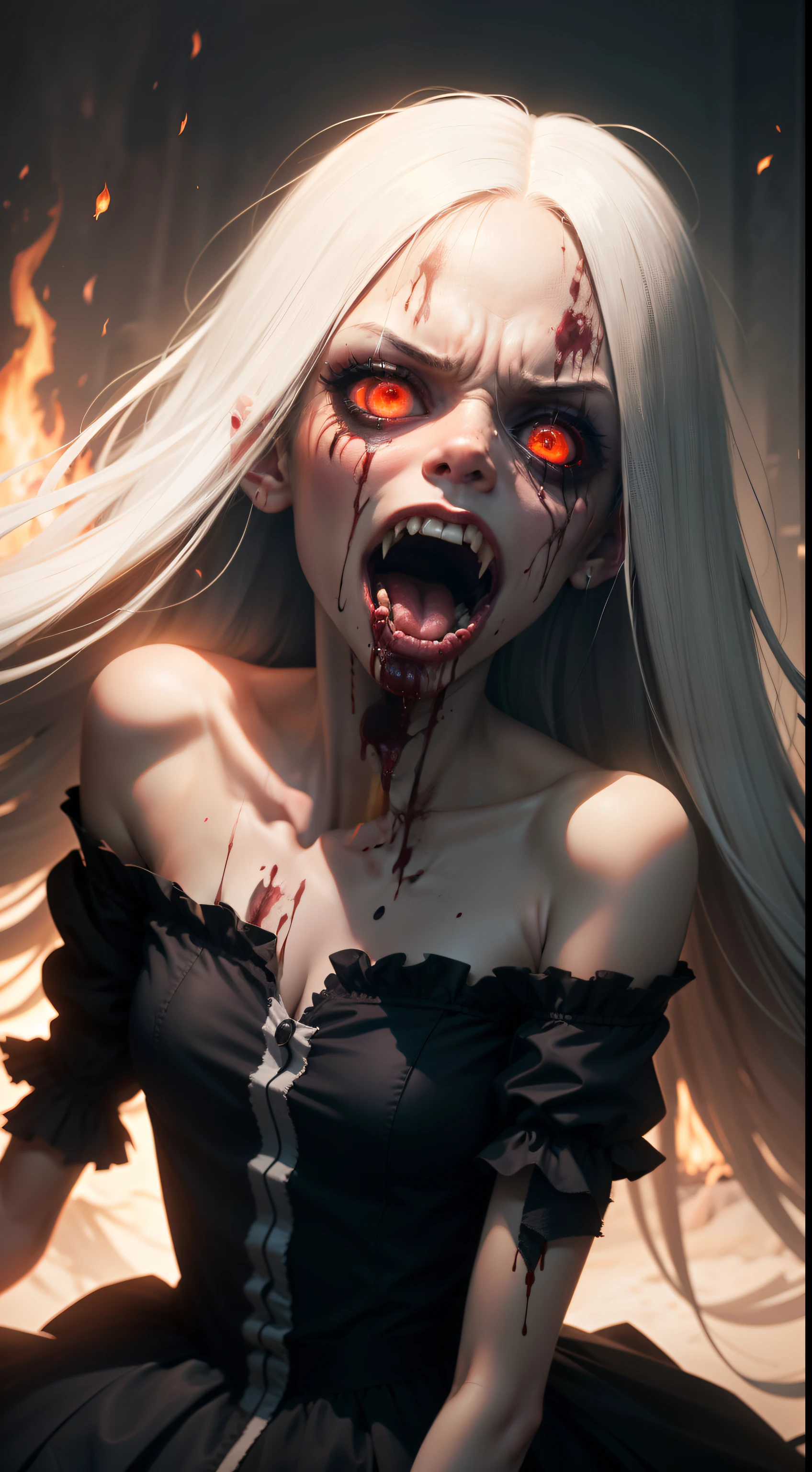 A very pal young girl humanoid character, her name is Cassie, she is crazy, nuts, with cuts and scraps, horror, she is creepy, she is scary, shock value, very evil, ill, she is skinny, evoke, fear, terror, dread, decay, disgust, she is a Psycho, dark, unattractively, unusually thin, thin, scraggly, emaciated, twisted, frightening, sick, dark background, long white dress, gore, blood, solo, close up, messy white long hair, fog, evil eyes, she is flat, eyes glowing, dress fully covers her, she's nut, yelling, she's mad, she's furious, she's screaming out loud, showing teeth, mouth open wide, yelling at the camera, fire in the background, rage, sharp teeth, bloody mouth