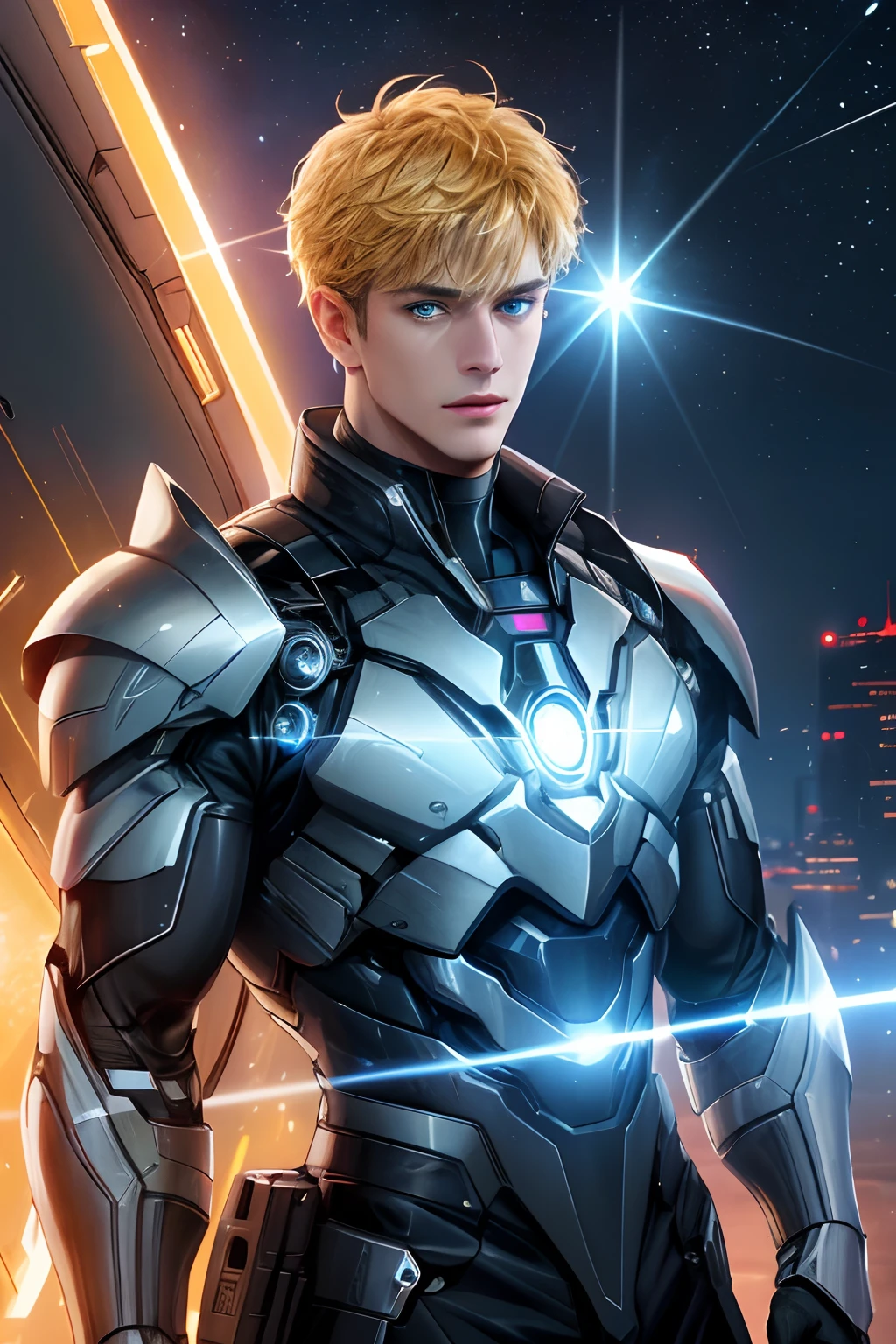 (Absurdres, Intricate Details, Masterpiece, Best Quality, High Resolution, 8k), 1 male, european, mature, aged up, handsome, finely detailed eyes and face, yellow french crop hair, blue eyes,cyborg portrait,  looking at viewer, solo, (full body:0.6), detailed background, close up, detailed face,  futuristic glowing  steel armor,    high-tech,  gadgets, advanced technology, nanotech,   headset, head-up display,  epic galactic spaceship in background,  lens flare, neon lights,   electricity, explosions, screens,  cinematic atmosphere, Depth of Field, VFX. Standing