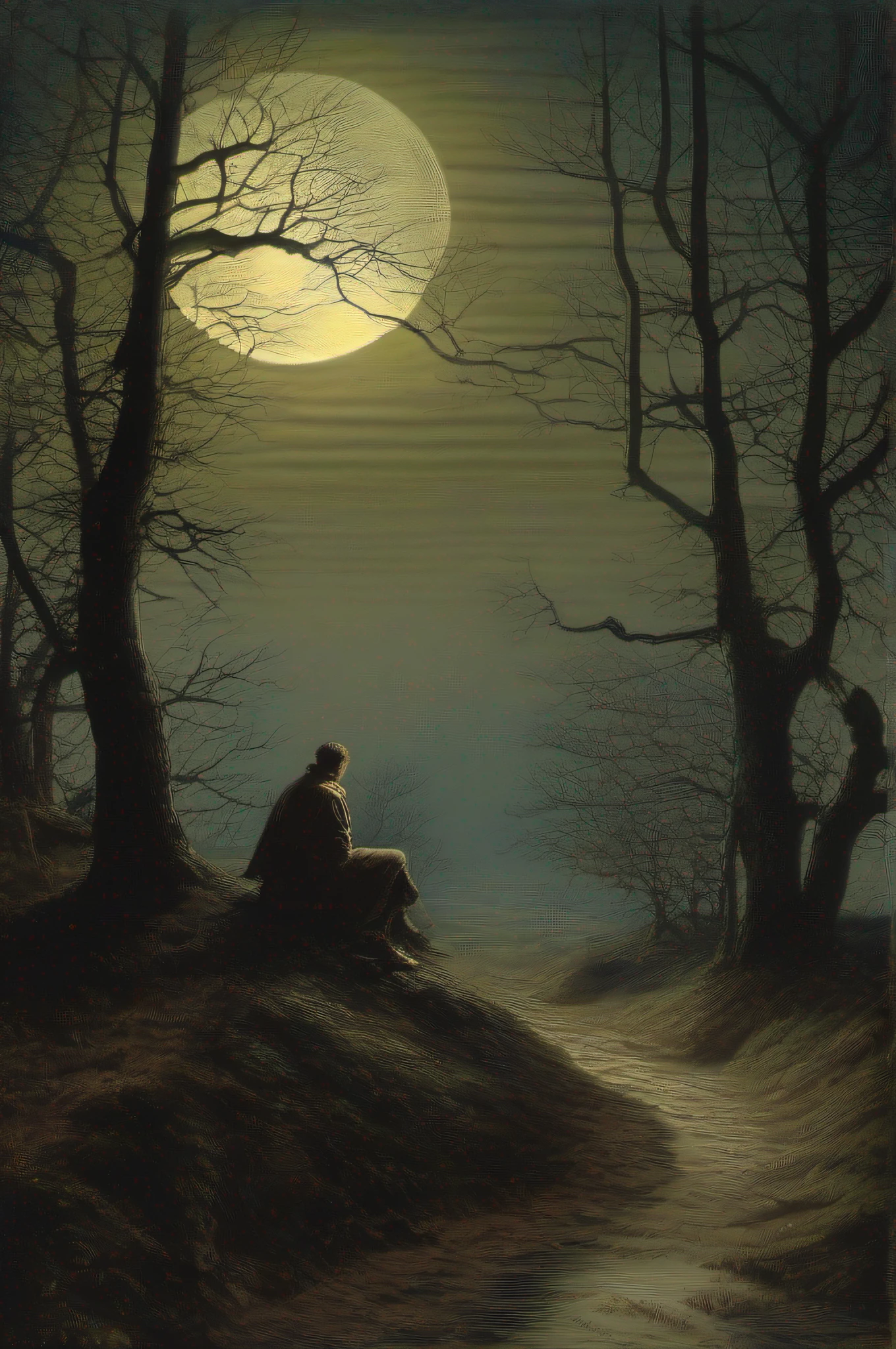 A night illustration, inspirada em John Atkinson Grimshaw, The setting is suspenseful, with the full moon shining in the sky and the trees creating dramatic shadows. The illustration captures Ramiro's inner struggle between fear and curiosity, tudo isso em um ambiente misterioso e isolado. Inspirado em Caspar David Friedrich