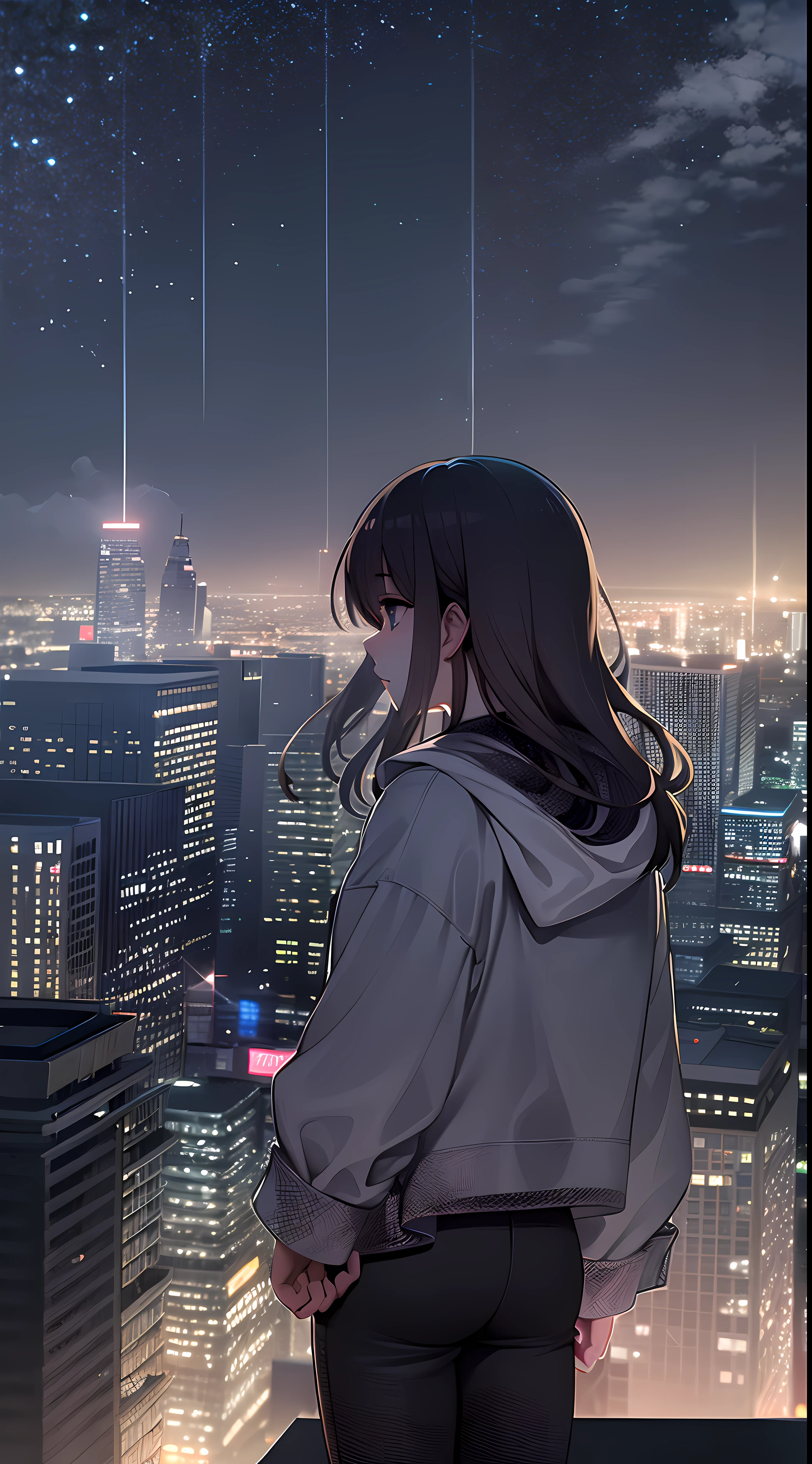 On the roof of a high-rise apartment building in the city、Young woman standing fluttering in the wind。Her gaze is staring into the distance.、I have a mixture of dreams and sadness in my heart.。The lights of the surrounding buildings illuminated her outline.、It's as if she herself blends into a part of the city