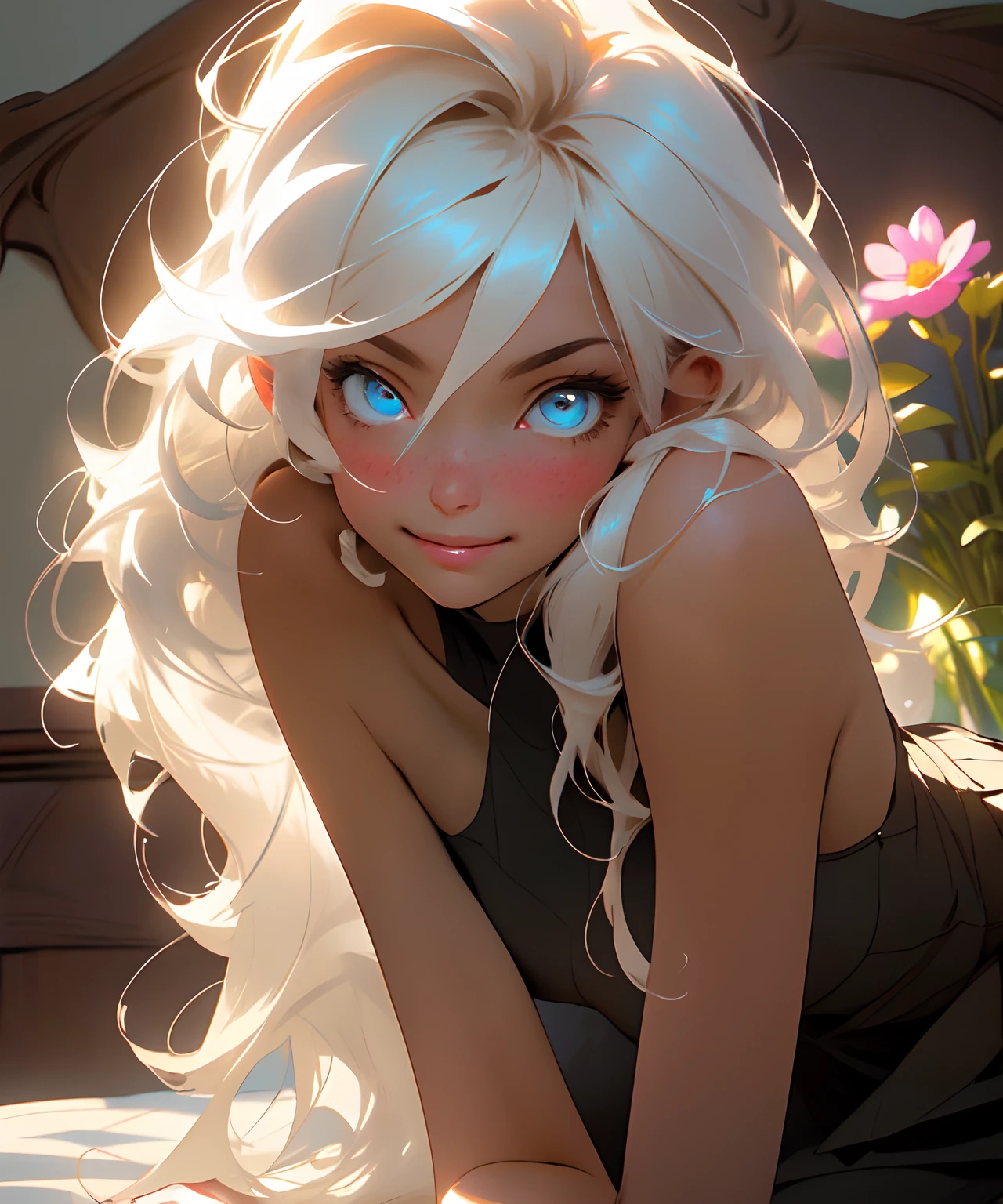 melancholy, quiet, calm, bright, masterpiece, best quality, 1girl, (JinxLol:1.2), (ultra photorealistic:1.3), (masterpiece:1.4), best quality, ((realistic)), high quality, ultra detailed, ((Real image)), ((realistic skin)), ((realistic face)),(illustration:1.05), (beautiful:1.05), (beautiful detailed eyes:1.05), (cinematic light:1.1), Full body, precise proportions, 18-year-old girl, skinny model lying next to the bed, BLACK hair fluttering in the wind, tulle, long legs, feet slightly open, buttocks, blush, shyness, collarbone, abdominals, double weave, beautiful and delicate face, fair skin, real skin, (face detail), pores, super high resolution, 8k, parameters Best quality, masterpiece, super high resolution, (Realistic 2.0), More details, detailed skin, transparent panties, wide smile, white teeth, full voluminous hair, perfect and well-designed eyes, girlfriend, beautiful, beautiful, flowers, studio lighting