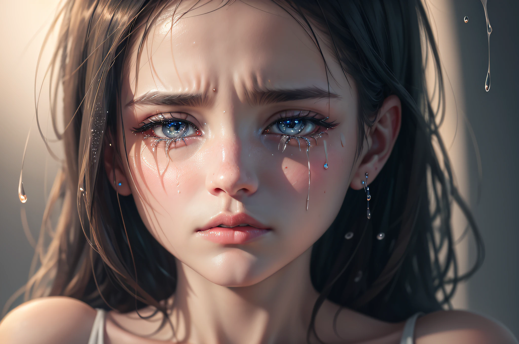 close up, one sad heart, crying wet bursting out eyes, real tears streaming down face, ultra-detailed eyes, many teardrops, treasure in tears, broken heart, opalescent, edge of glory, breath taking beautiful, graceful, elegant, stunning, photo, shiny, iridescent, (masterpiece), (best quality) (detailed) (8k) (HDR) (cinematic lighting) (sharp focus) (intricate), HDR, hyper-realistic, color graded, beautiful, realistic picture, ultra high quality, stunning, heartbroken, wish --auto