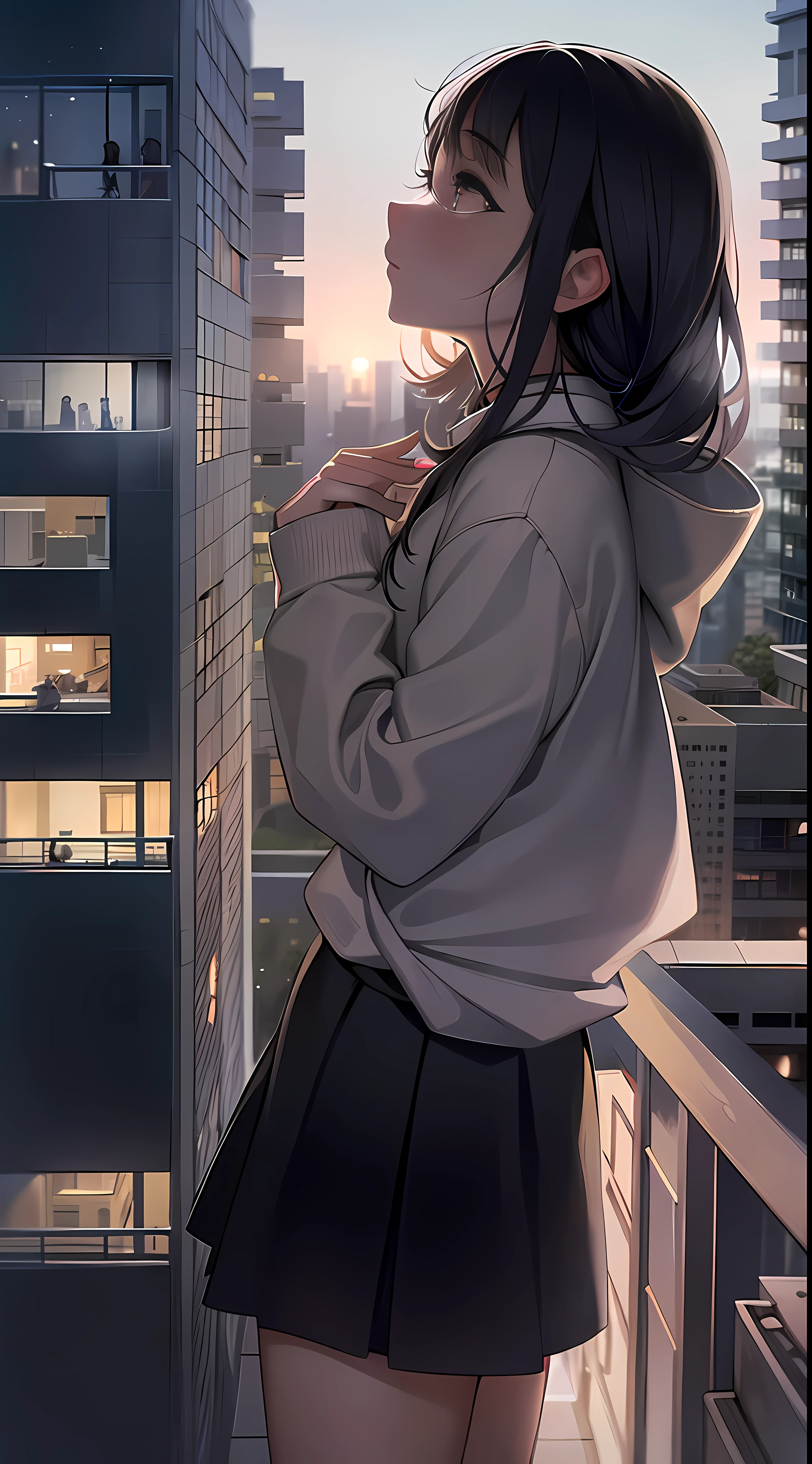 On the roof of a high-rise apartment building in the city、Young woman standing fluttering in the wind。Her gaze is staring into the distance.、I have a mixture of dreams and sadness in my heart.。The lights of the surrounding buildings illuminated her outline.、It's as if she herself blends into a part of the city