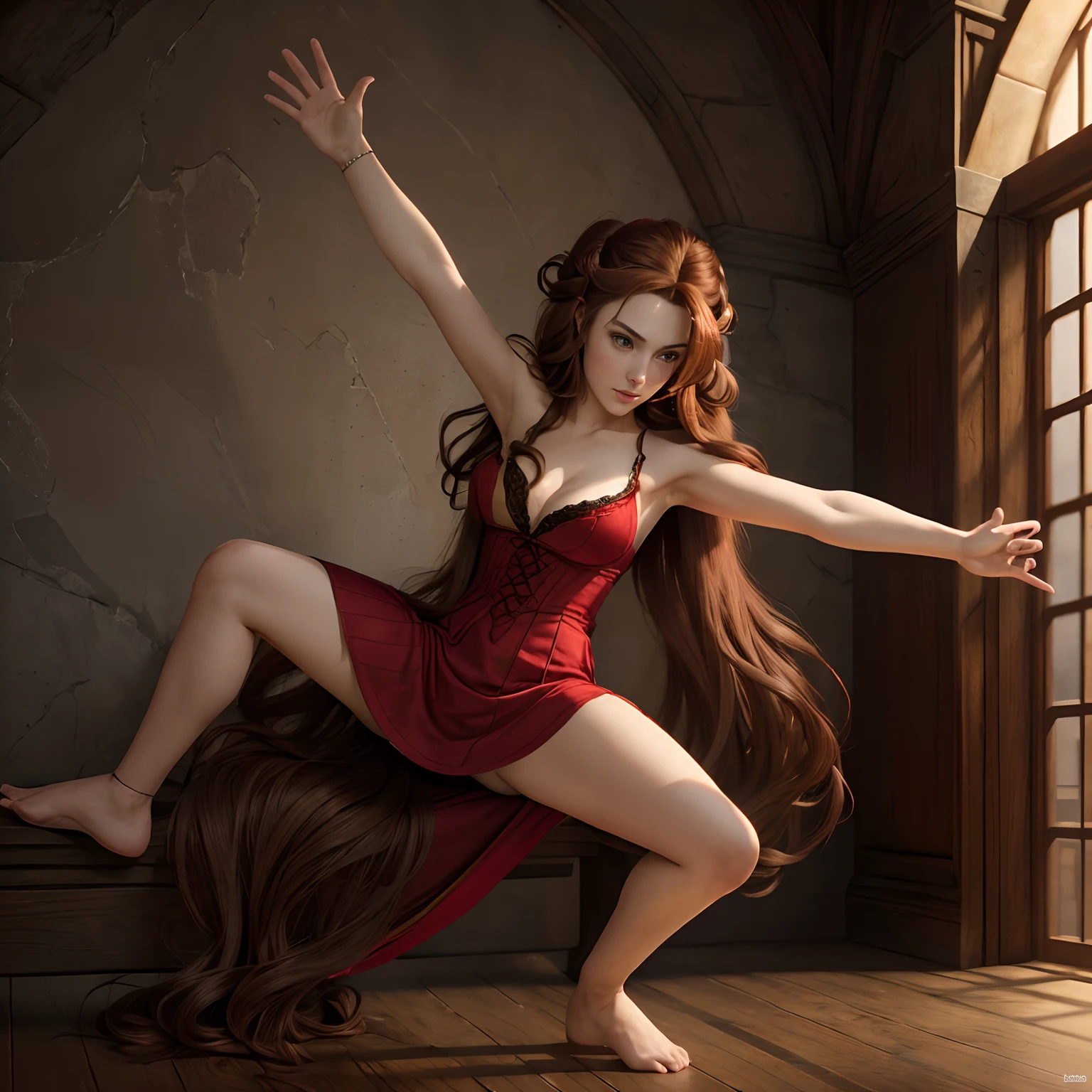 masterpiece, Highly detailed, super realistic, detailed background, bright Lighting, Daylight,
beautiful face, beautiful eyes, medieval style, 1girl, solo,
(18 year old girl),(medium_breasts),(red long hair:1.5) ,( brown eyes),
(dynamic angle),(wearing medieval-style aristocratic dress),
(Looking away:1.5),(full body),