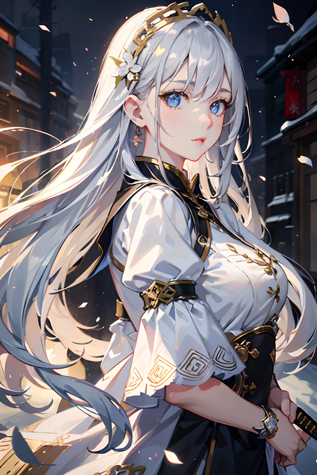 Girly, high cold, white gradient long hair, hair with flowers, black skirt practicing swords, sunset, snow, Chinese cabin, movie lighting, brilliant light blue eyes, facing the lens, high resolution, delicate facial features, front lighting, 3D, 8K, extremely delicate illustrations, intricate and detailed details, extremely high quality