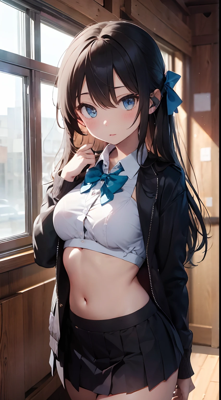 the anime female is revealing her breasts to be seen here for only one second, 1girl, solo, skirt, navel, long hair, underwear, panties, white panties, breasts, bow, hair ornament, blue eyes, clothes lift, shirt, blush, white shirt, star hair ornament, hair ribbon, ribbon, lifted by self, star (symbol), cowboy shot, headphones around neck, hair between eyes, bowtie, window, skirt lift, bangs, parted lips, jacket, green bow, collared shirt, headphones