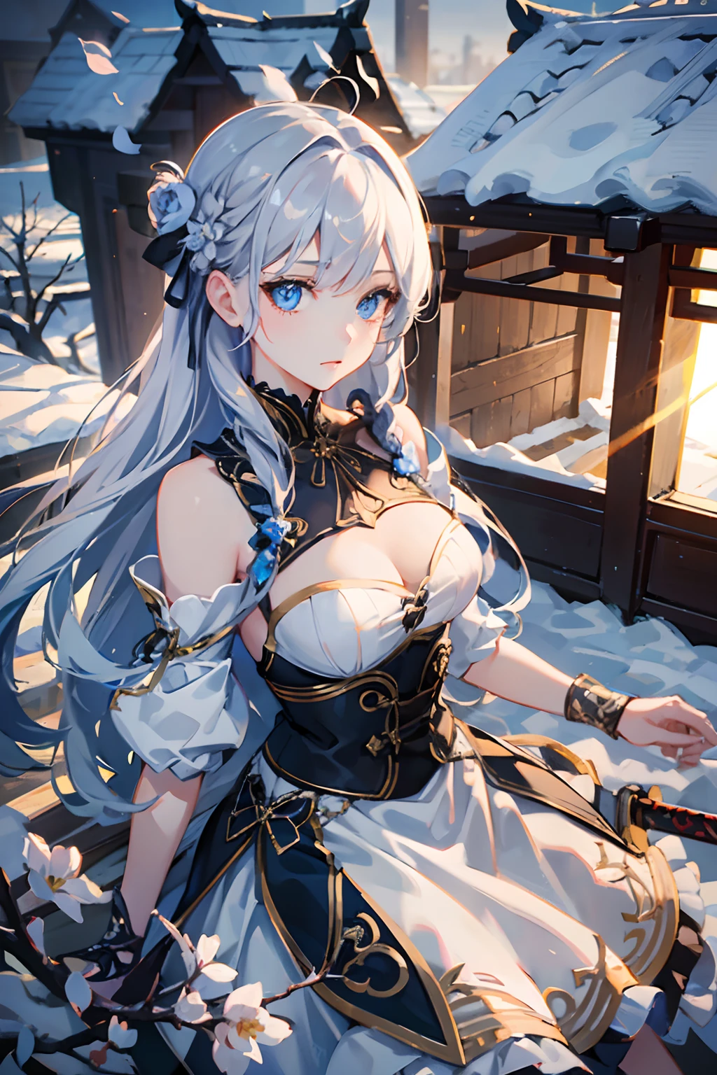 Girly, high cold, white gradient long hair, hair with flowers, black skirt practicing swords, sunset, snow, Chinese cabin, movie lighting, brilliant light blue eyes, facing the lens, high resolution, delicate facial features, front lighting, 3D, 8K, extremely delicate illustrations, intricate and detailed details, extremely high quality