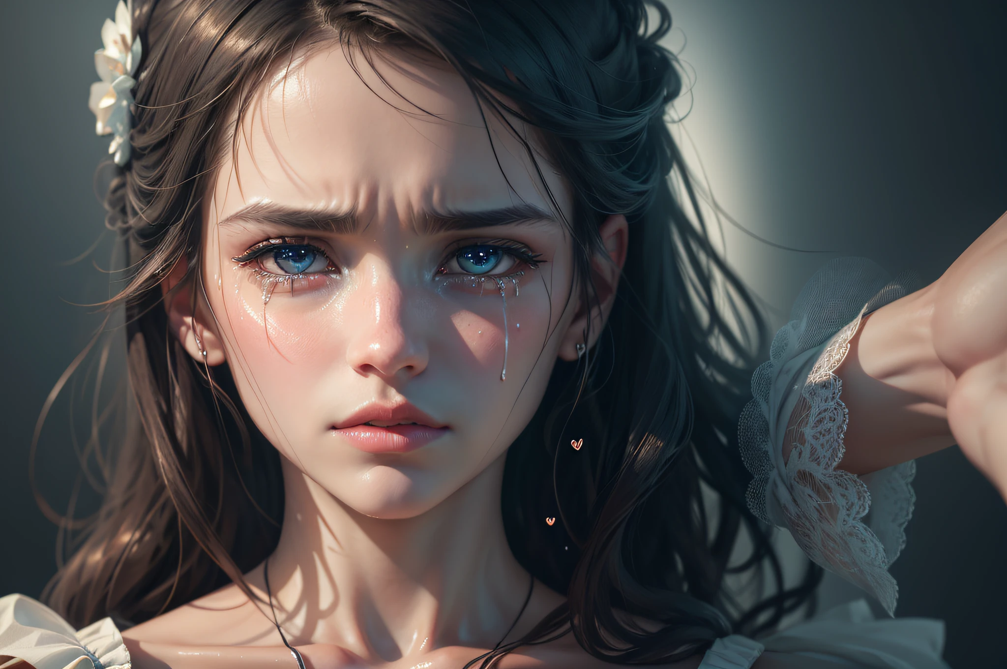 close up, one sad heart, crying wet bursting out eyes, real tears streaming down face, ultra-detailed eyes, many teardrops, treasure in tears, broken heart, opalescent, edge of glory, breath taking beautiful, graceful, elegant, stunning, photo, shiny, iridescent, (masterpiece), (best quality) (detailed) (8k) (HDR) (cinematic lighting) (sharp focus) (intricate), HDR, hyper-realistic, color graded, beautiful, realistic picture, ultra high quality, stunning, heartbroken, wish --auto