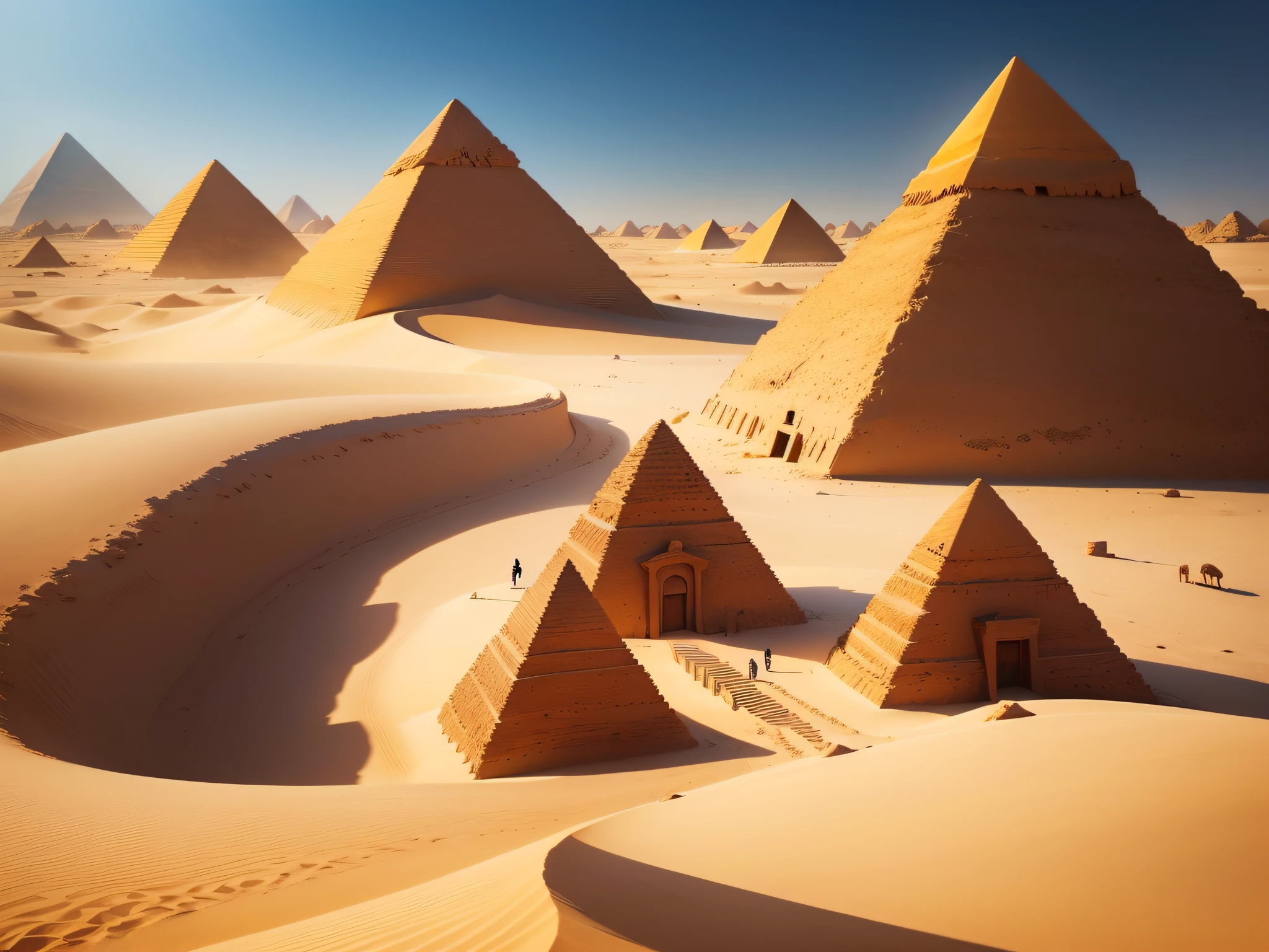 A remote place in Egypt with two pyramids covered in sand. estilo dos desenhos animados.