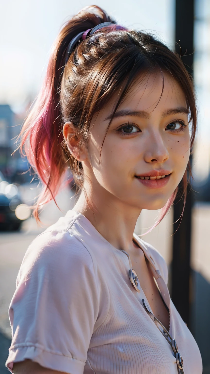 Portrait of a young European girl, (laughter: 0.7), posing, looking at the camera, pink ponytail hair, complex city background, backlight, (movie: 1.5), epic realism, ultra-detailed, crazy detail, intricate details, accent lighting, soft volumetric light, bokeh, (dramatic light: 1.2), (neutral color: 1.3), cross-processing