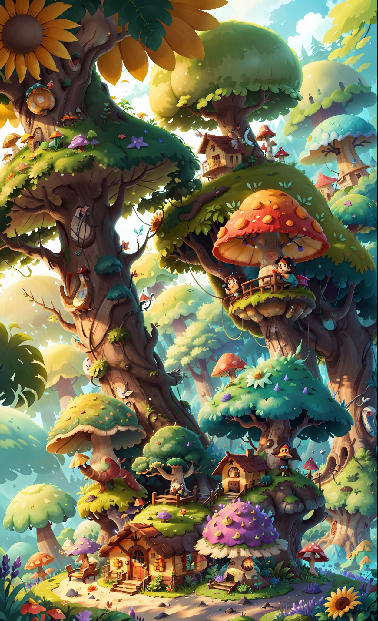 Light up the colorful large mushroom forest,Fine matte paint,summer day,beachside,rios,tree house,Sunflower fields,lavender,mountain ranges,mountain peaks,big trees,
