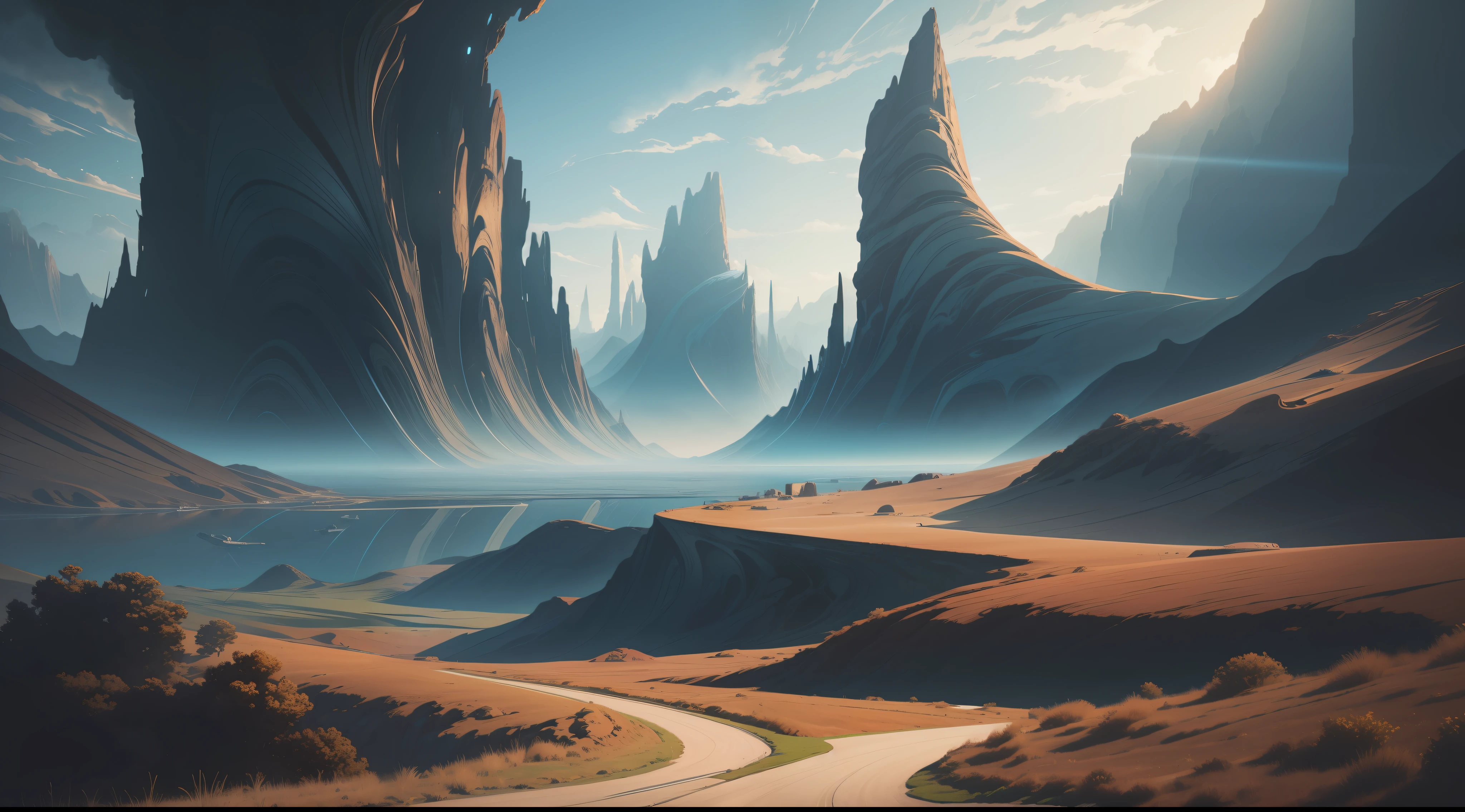 "Landscape oil painting with a sci-fi touch, featuring a mesmerizing photoshop style. Perfectly crafted line art with exceptional print quality. Highly detailed and impeccable resolution of 8K. A stunning representation in the vector format."