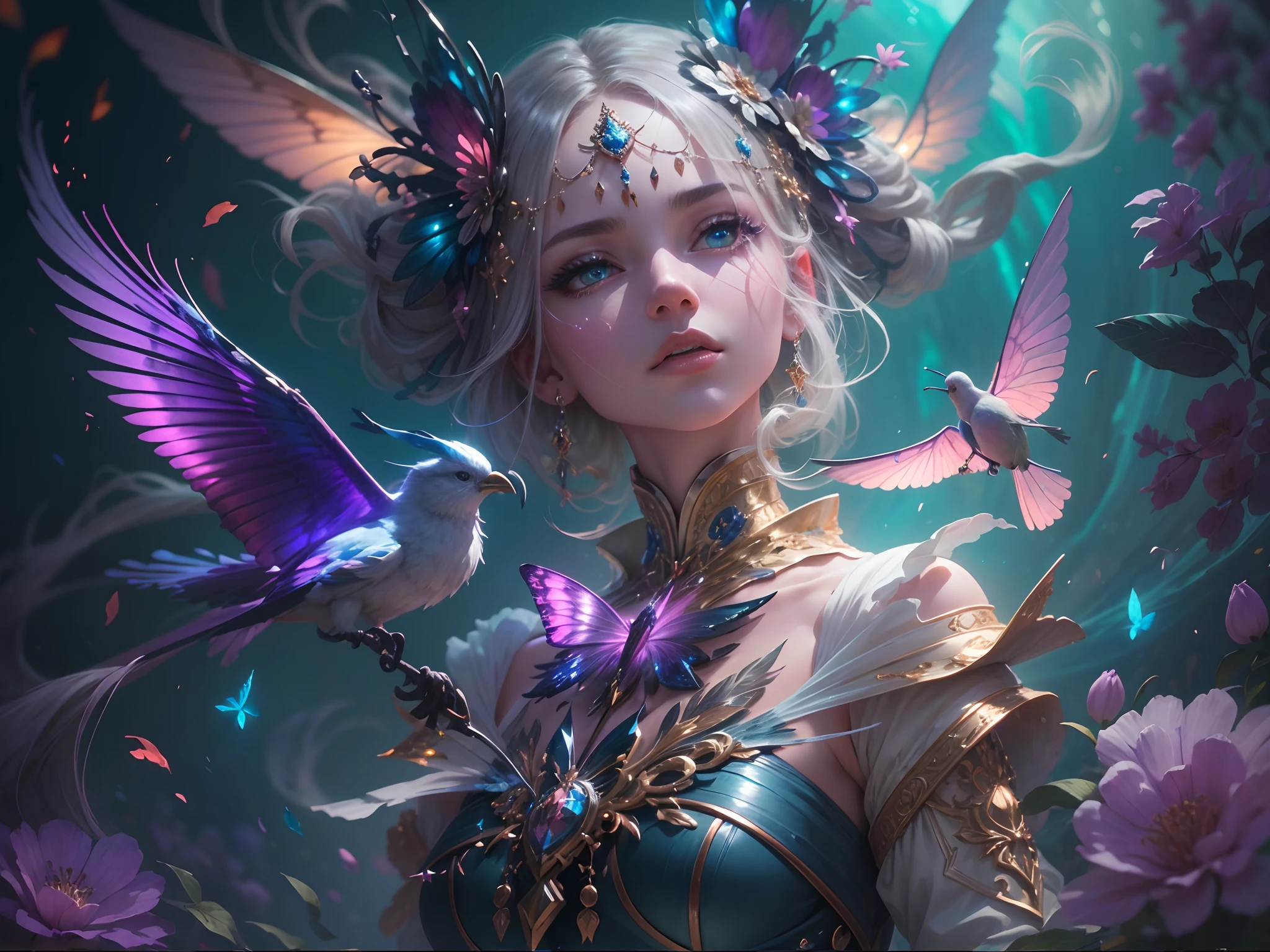 (((masterpiece))), (((best quality))), ((ultra-detailed)),(highly detailed CG illustration), ((extremely delicate and beautiful)) Create a stunning fantasy artwork that mimics the style of currently trending masters of the genre. The art piece should contain elements of both mythic fantasy and fairytale fantasy with (watercolor accents in shades of blue, pink, and purple). Generate a delicate but strong figure with an aura of mystery and magic and stunningly realistic eyes. The character should be petite with subtle breasts. Pay close attention to intricate facial features, such as mesmerizing eyes with vibrant colors and delicate shading. The character's clothing should be designed with gossamer feathers, silk, stunning embroidery, and subtle iridescent details. Incorporate vibrant colors, dynamic lighting, and detailed background elements to create a sense of awe and immersion. Include colorful flying magical birds and jewel-toned butterflies radiating a magical aura. Consider the latest trends in fantasy art, such as incorporating unique lighting effects, exploring dynamic and compelling composition techniques, and experimenting with unique color palettes. Take inspiration from the top artists on ArtStation and Midjourney. Camera: Choose an angle that highlights the character's beauty and enhances the magical majesty of the artwork. Lighting: Utilize atmospheric lighting techniques to create depth and mood. Resolution: Aim for a high-resolution artwork to showcase intricate details and clarity. Art Inspirations: Seek inspiration from the trending artists on ArtStation, exploring different styles, genres, and themes.