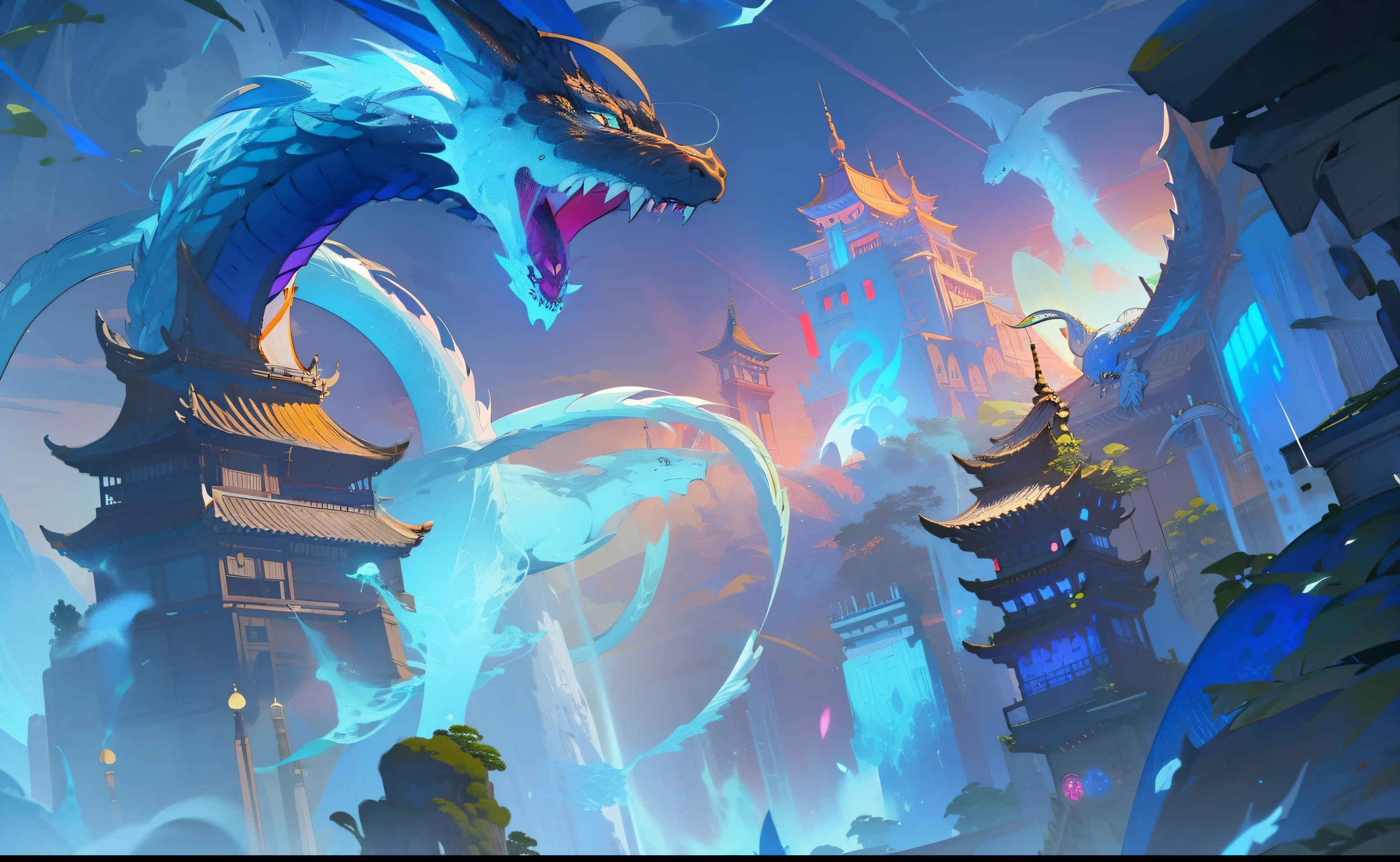 Melhor qualidade, extremely high-resolution, obra-prima, white oriental dragon, Blue iris,raios em volta