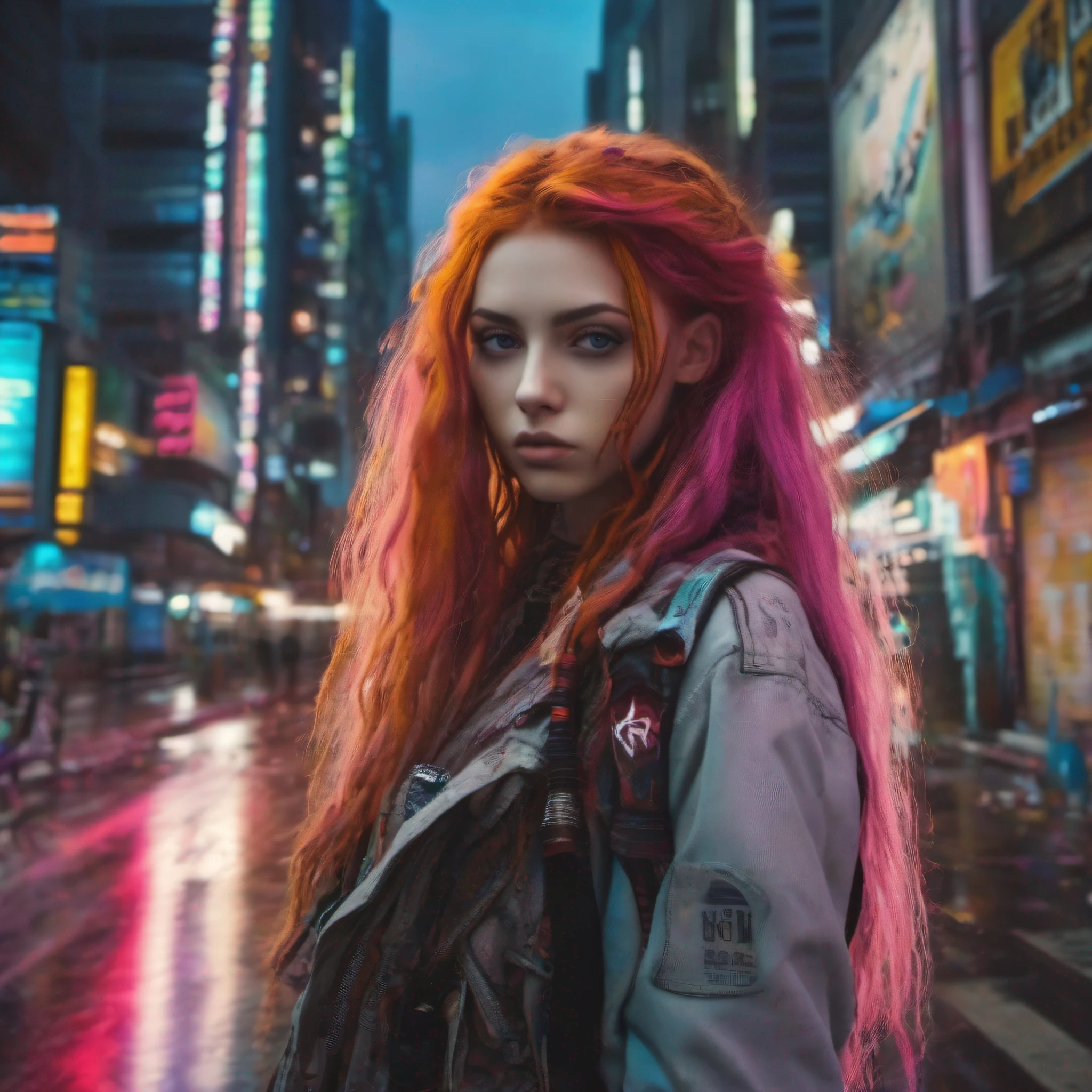 analog style, model shoot style, photo ((selfie:1.8)) of a girl, 1girl, (cyberpunk:1.8, cyberpunk city background:1.8), ((cutest face: 1.8, perfect face:1.3)), (long multicolored hair:1.4, pale skin:1.5),
(from above:1.2), best quality, epic (by lee jeffries photo, sony a7, 50 mm, pores:1.5, colors, hyperdetailed:1.5, film grain:1.4,
hyperrealistic: 1.5), hyper-realistic lifelike texture, masterpiece, unreal engine 5, Extremely detailed CG unity 8k wallpaper, 
Madly detailed photo, hyper-realistic light, (Winner of the Pulitzer Prize for Photography and Taylor Wessing Photographic Prize)