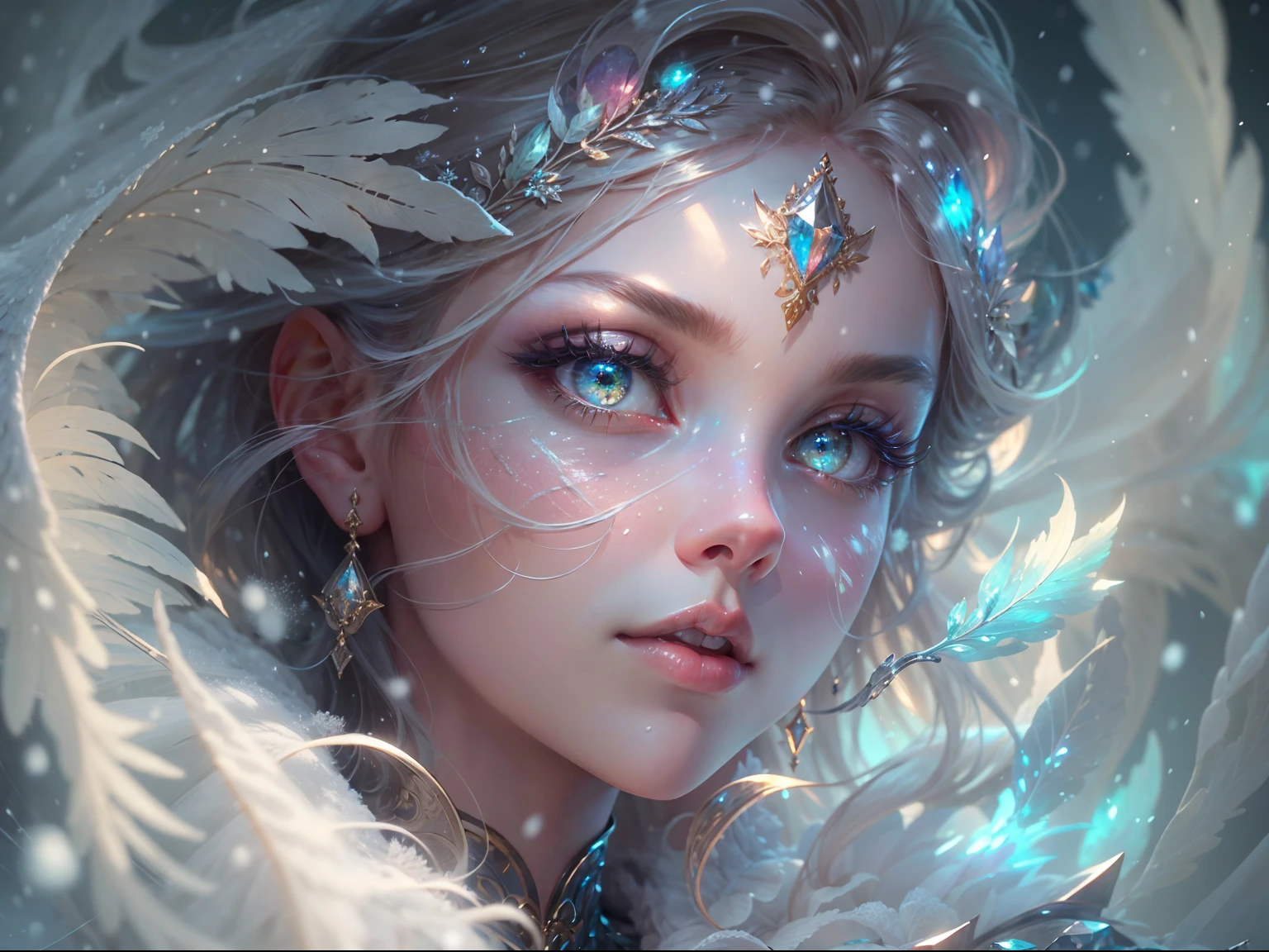 (((masterpiece))), (((best quality))), ((ultra-detailed)),(highly detailed CG illustration), ((an extremely delicate and beautiful)),cinematic lighting. This is a realistic fantasy artwork with contrasting colors and a very mysterious aura. Generate a pure white woman with ((pure white skin)), metallic hair, and bold, colorful eyes. (((Her skin is whiter than snow))). Her face is extremely detailed with realistic shading and her eyes are extremely detailed with absurdly high resolution and bright, bold colors. (((Her eyes are important and must be perfect.))) She has soft, puffy lips. Include many fantasy details such as soft white feathers, beautiful French silk, delicate embroidery, snow, iridescence detailing, phantasmal iridescence detailing, and glitter. Include moonlight, snowflakes, and winterscapes. The character in the artwork is a delicate but strong petite figure with an aura of mystery and magic. The character's clothing should be designed with gossamer feathers, silk, stunning embroidery, and subtle iridescent details. Incorporate dreamy colors, dynamic lighting, and detailed background elements to create a sense of awe and immersion. Consider the latest trends in fantasy art, such as incorporating unique lighting effects, exploring dynamic and compelling composition techniques, and experimenting with unique color palettes. Take inspiration from the top artists on ArtStation and Midjourney. Camera: Choose an angle that highlights the character's beauty and enhances the magical majesty of the artwork. Lighting: Utilize atmospheric lighting techniques to create depth and mood. Resolution: Aim for a high-resolution artwork to showcase intricate details and clarity. Art Inspirations: Seek inspiration from the trending artists on ArtStation, exploring different styles, genres, and themes.