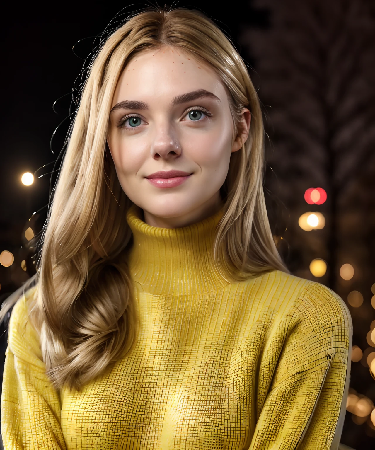 a naturally beautiful woman, in a yellow turtleneck sweater, perfect winter night, [candid:0.5, amateur:0.5], 8K, RAW, UHD, perfect face, stunning clear eyes, [perfect smile], (((close up)))