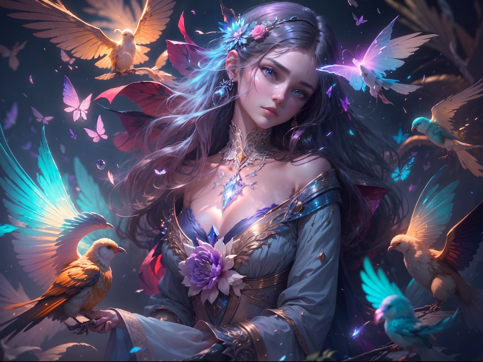 (((masterpiece))), (((best quality))), ((ultra-detailed)),(highly detailed CG illustration), ((extremely delicate and beautiful)) Create a stunning fantasy artwork that mimics the style of currently trending masters of the genre. The art piece should contain elements of both mythic fantasy and fairytale fantasy with (watercolor accents in shades of blue, pink, and purple). Generate a delicate but strong figure with an aura of mystery and magic and stunningly realistic eyes. The character should be petite with subtle breasts. Pay close attention to intricate facial features, such as mesmerizing eyes with vibrant colors and delicate shading. The character's clothing should be designed with gossamer feathers, silk, stunning embroidery, and subtle iridescent details. Incorporate vibrant colors, dynamic lighting, and detailed background elements to create a sense of awe and immersion. Include colorful flying magical birds and jewel-toned butterflies radiating a magical aura. Consider the latest trends in fantasy art, such as incorporating unique lighting effects, exploring dynamic and compelling composition techniques, and experimenting with unique color palettes. Take inspiration from the top artists on ArtStation and Midjourney. Camera: Choose an angle that highlights the character's beauty and enhances the magical majesty of the artwork. Lighting: Utilize atmospheric lighting techniques to create depth and mood. Resolution: Aim for a high-resolution artwork to showcase intricate details and clarity. Art Inspirations: Seek inspiration from the trending artists on ArtStation, exploring different styles, genres, and themes.