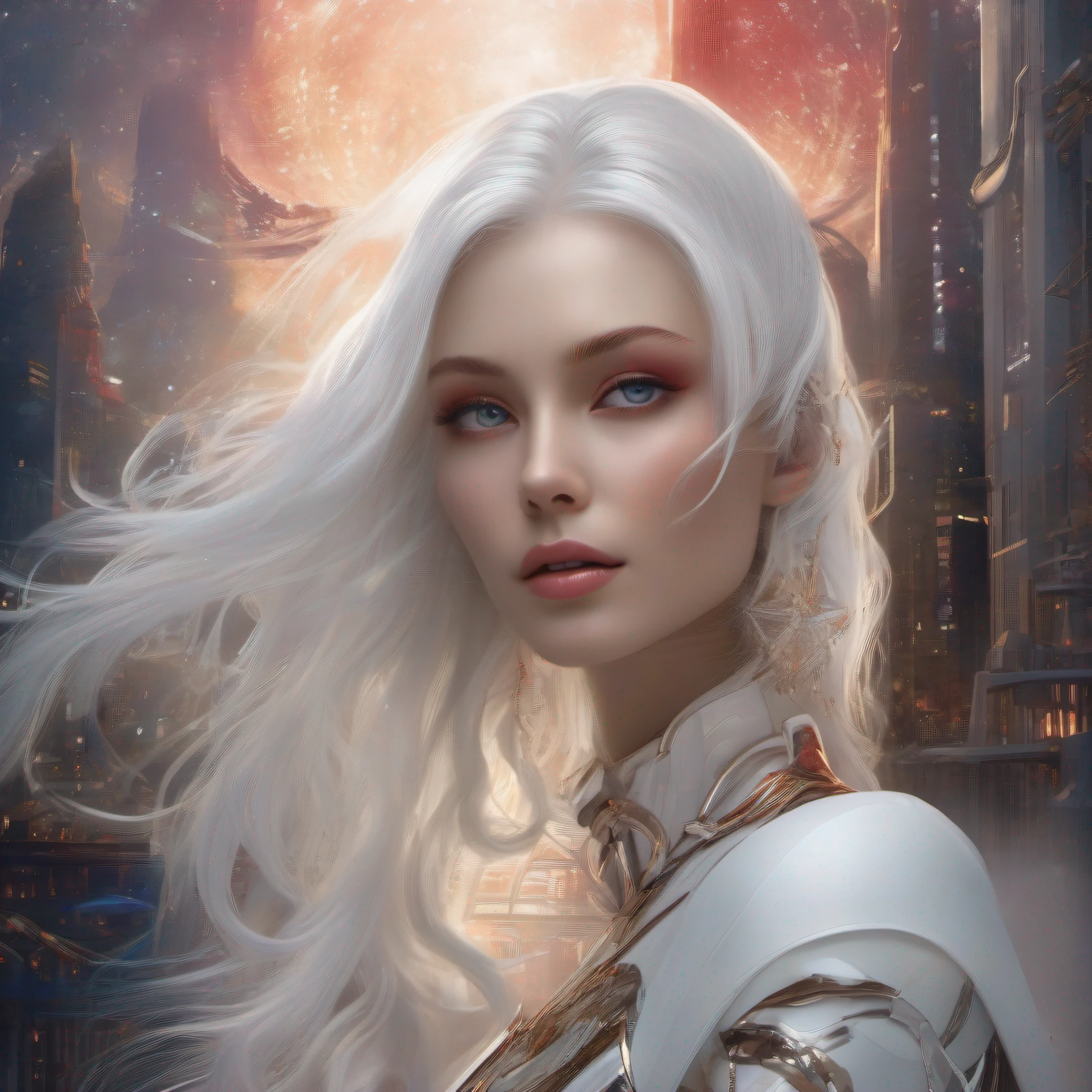 arkonidin, red iris, white hair Create a stunning portrait of a beautiful woman in a futuristic setting. She stands against the backdrop of a mysterious city embraced by stars and smoke, representing prosperity. Her porcelain skin glows, radiating ethereal beauty. Her long, flowing white hair, pure as freshly fallen snow, cascades down her shoulders and bust, emphasizing her regal presence. overknee boots stockings laying on a tree