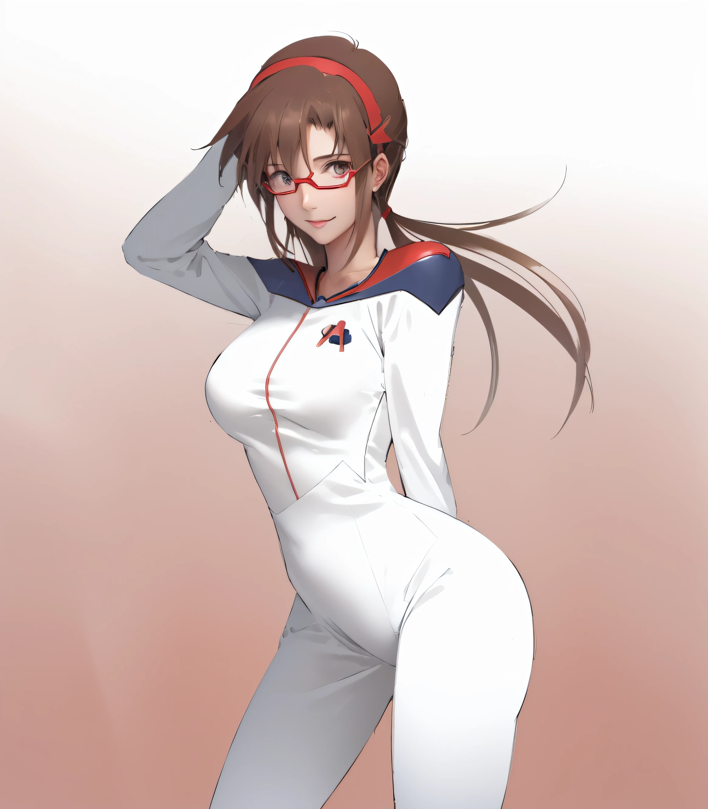 Un dibujo de mari makinami (evangelion) con un traje blanco posando, ojos azules, Brown-haired, sonriendo, con gafas rojas, Esquemas de anime limpios, Lineart limpio, Lineart simple, Lineart perfecto, boceto de esquema, Line Art!!, sharp lineart, Arte lineal, Contornos, thick line art, Arte lineal simple, thin line art