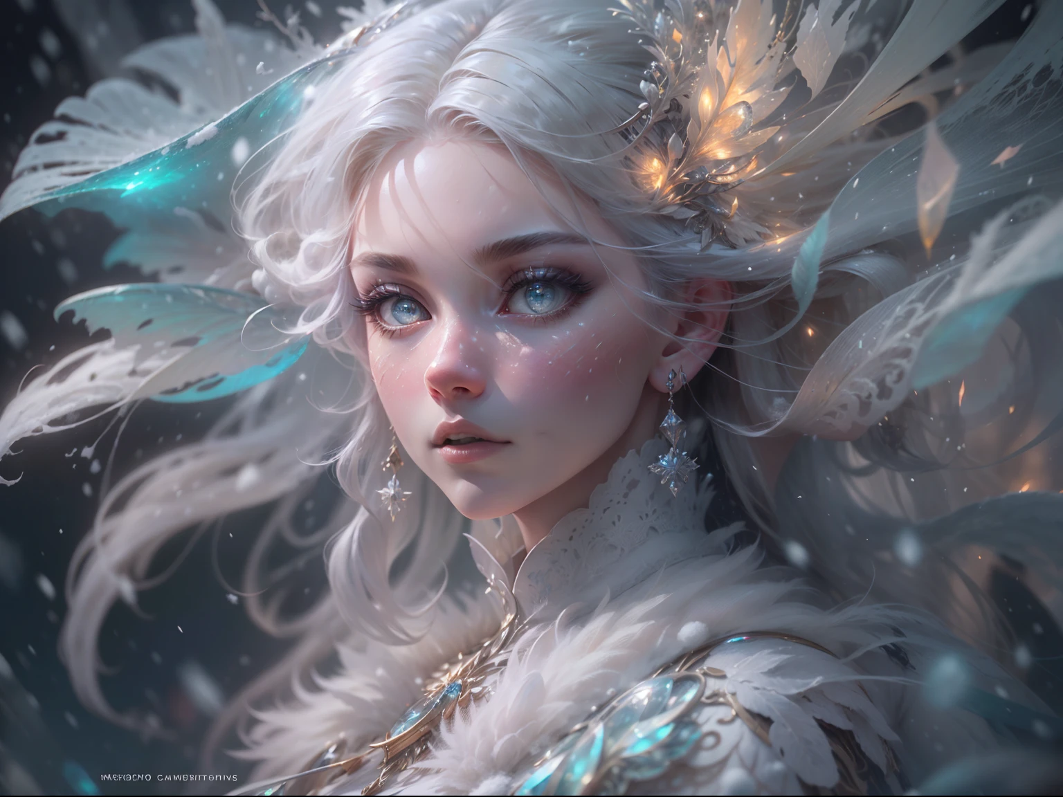 (((masterpiece))), (((best quality))), ((ultra-detailed)),(highly detailed CG illustration), ((an extremely delicate and beautiful)),cinematic lighting. This is a realistic fantasy artwork with contrasting colors and a very mysterious aura. Generate a pure white woman with ((pure white skin)), metallic hair, and bold, colorful eyes. (((Her skin is whiter than snow))). Her face is extremely detailed with realistic shading and her eyes are extremely detailed with absurdly high resolution and bright, bold colors. (((Her eyes are important and must be perfect.))) She has soft, puffy lips. Include many fantasy details such as soft white feathers, beautiful French silk, delicate embroidery, snow, iridescence detailing, phantasmal iridescence detailing, and glitter. Include moonlight, snowflakes, and winterscapes. The character in the artwork is a delicate but strong petite figure with an aura of mystery and magic. The character's clothing should be designed with gossamer feathers, silk, stunning embroidery, and subtle iridescent details. Incorporate dreamy colors, dynamic lighting, and detailed background elements to create a sense of awe and immersion.  Consider the latest trends in fantasy art, such as incorporating unique lighting effects, exploring dynamic and compelling composition techniques, and experimenting with unique color palettes. Take inspiration from the top artists on ArtStation and Midjourney. Camera: Choose an angle that highlights the character's beauty and enhances the magical majesty of the artwork. Lighting: Utilize atmospheric lighting techniques to create depth and mood. Resolution: Aim for a high-resolution artwork to showcase intricate details and clarity. Art Inspirations: Seek inspiration from the trending artists on ArtStation, exploring different styles, genres, and themes.