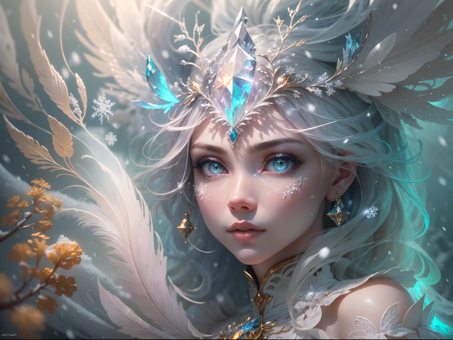 (((masterpiece))), (((best quality))), ((ultra-detailed)),(highly detailed CG illustration), ((an extremely delicate and beautiful)),cinematic lighting. This is a realistic fantasy artwork with contrasting colors and a very mysterious aura. Generate a pure white woman with ((pure white skin)), metallic hair, and bold, colorful eyes. (((Her skin is whiter than snow))). Her face is extremely detailed with realistic shading and her eyes are extremely detailed with absurdly high resolution and bright, bold colors. (((Her eyes are important and must be perfect.))) She has soft, puffy lips. Include many fantasy details such as soft white feathers, beautiful French silk, delicate embroidery, snow, iridescence detailing, phantasmal iridescence detailing, and glitter. Include moonlight, snowflakes, and winterscapes. The character in the artwork is a delicate but strong petite figure with an aura of mystery and magic. The character's clothing should be designed with gossamer feathers, silk, stunning embroidery, and subtle iridescent details. Incorporate dreamy colors, dynamic lighting, and detailed background elements to create a sense of awe and immersion. Consider the latest trends in fantasy art, such as incorporating unique lighting effects, exploring dynamic and compelling composition techniques, and experimenting with unique color palettes. Take inspiration from the top artists on ArtStation and Midjourney. Camera: Choose an angle that highlights the character's beauty and enhances the magical majesty of the artwork. Lighting: Utilize atmospheric lighting techniques to create depth and mood. Resolution: Aim for a high-resolution artwork to showcase intricate details and clarity. Art Inspirations: Seek inspiration from the trending artists on ArtStation, exploring different styles, genres, and themes.