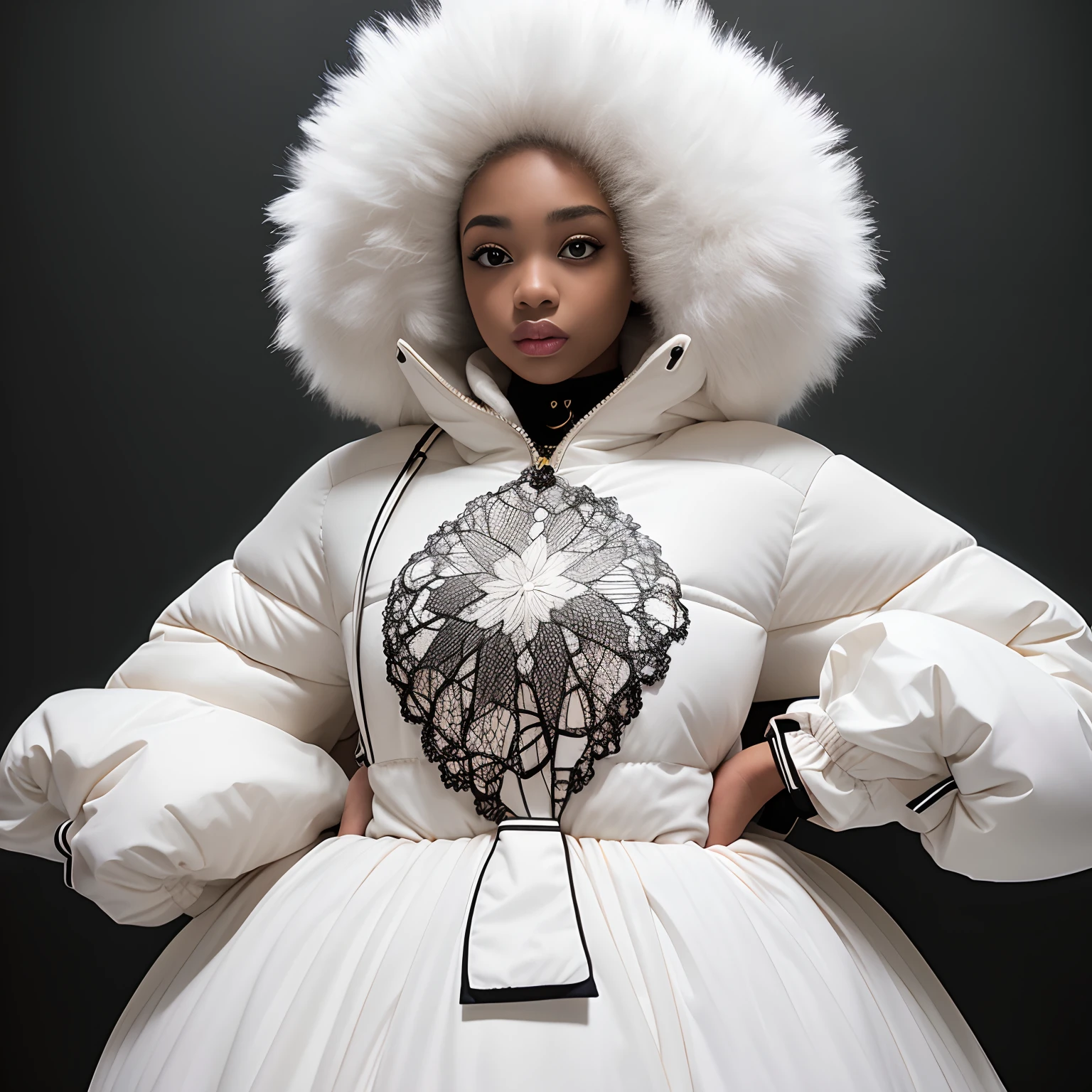 offwhite style, pretty afro albine girl, model, white hair in milky super sized puffer winter jacket, design trend, Procedural Textile Design, on a white abstract background, fashion photography, 4k, Intricate and detailed texture --AR 4:5 -- q 2 -