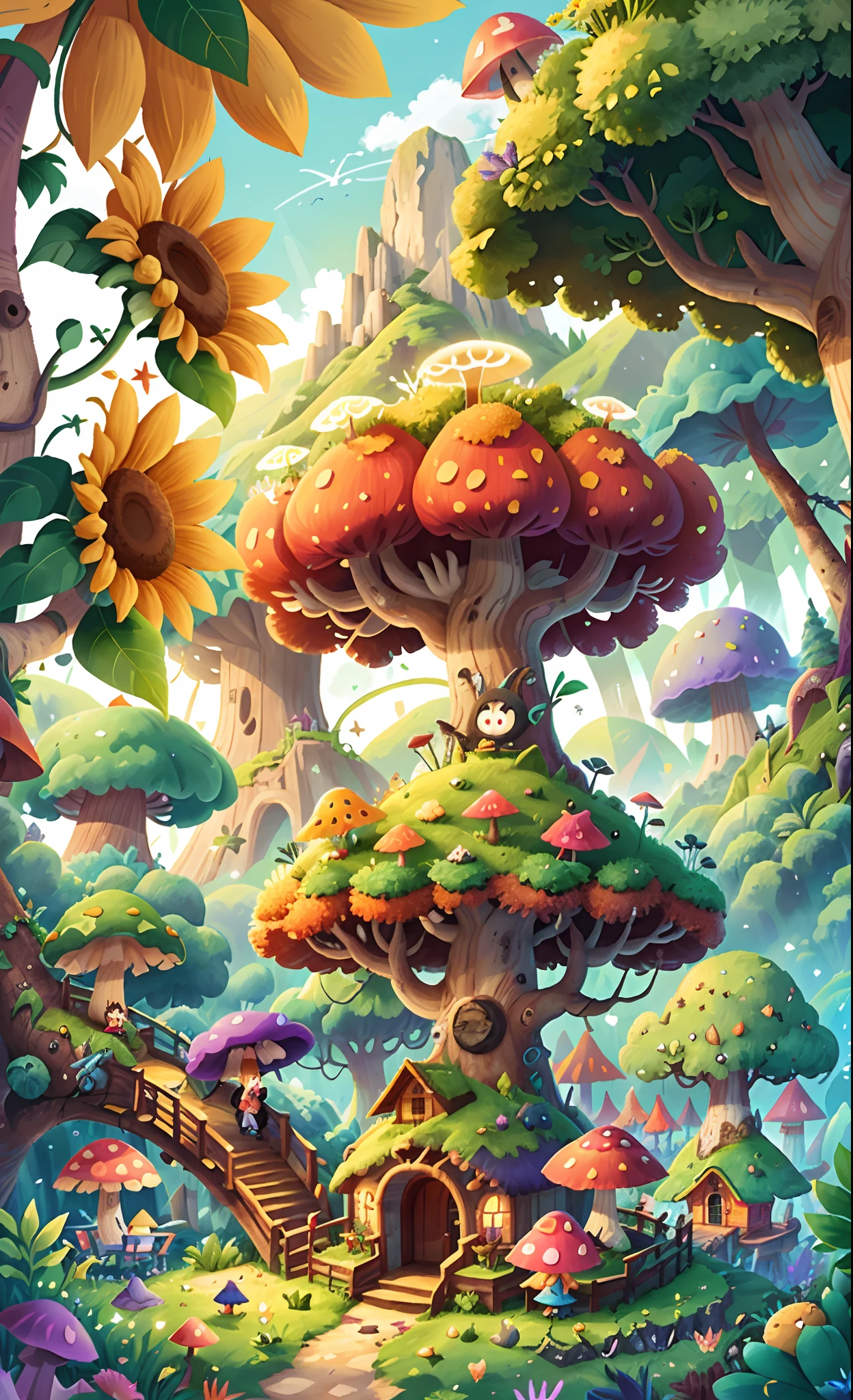 Light up the colorful large mushroom forest,Fine matte paint,summer day,beachside,rios,tree house,Sunflower fields,lavender,mountain ranges,mountain peaks,big trees,