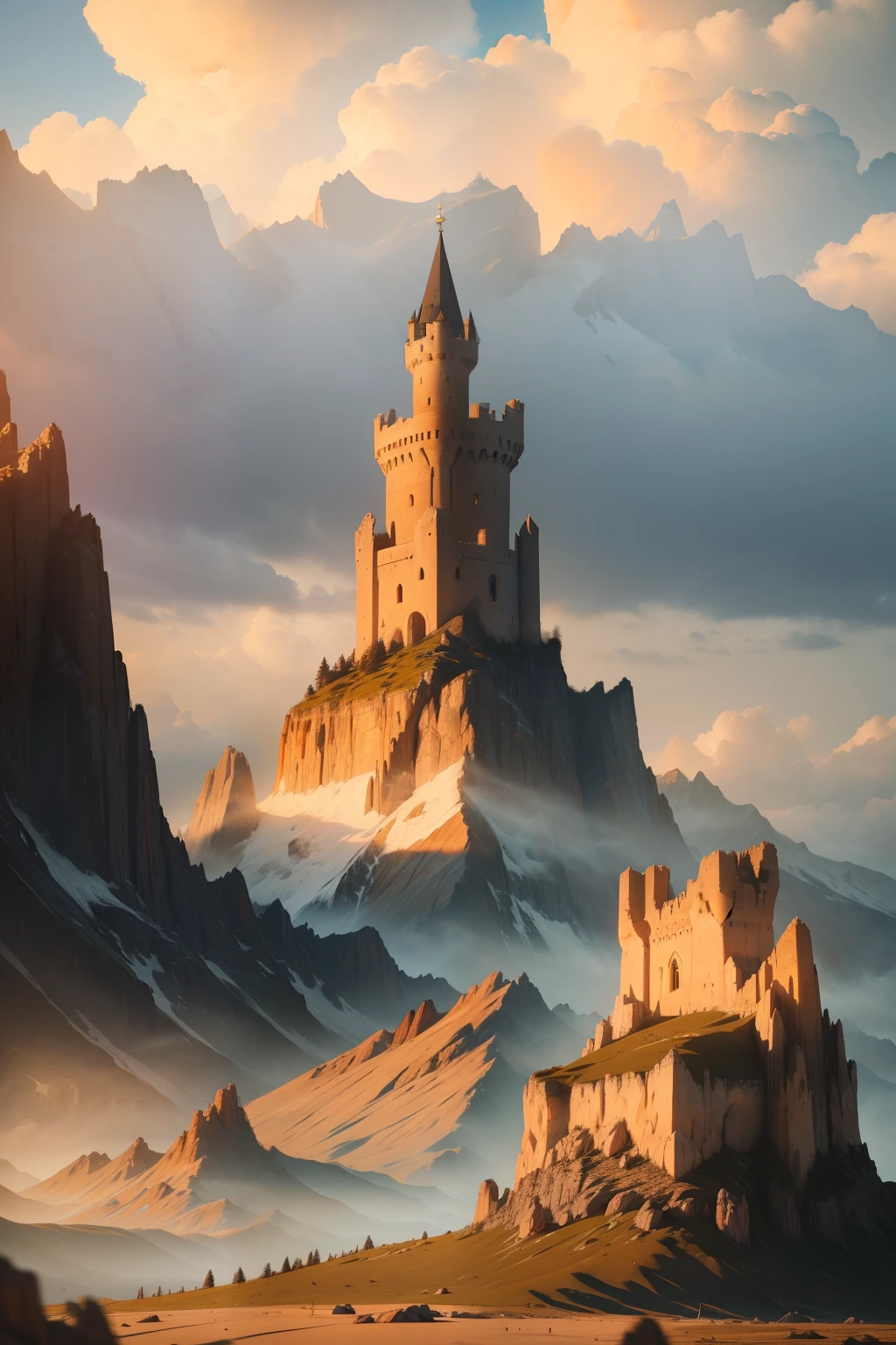 a lonely giant medieval tower between two rocky quarry mountains (torre) (montanhas ao fundo da imagem:1.1) Tracing of volumetric haze rays z pass bright light, (obra-prima) (melhor qualidade) (detalhado) (8k) (cinematic lighthing) (foco nítido) (intrincado)