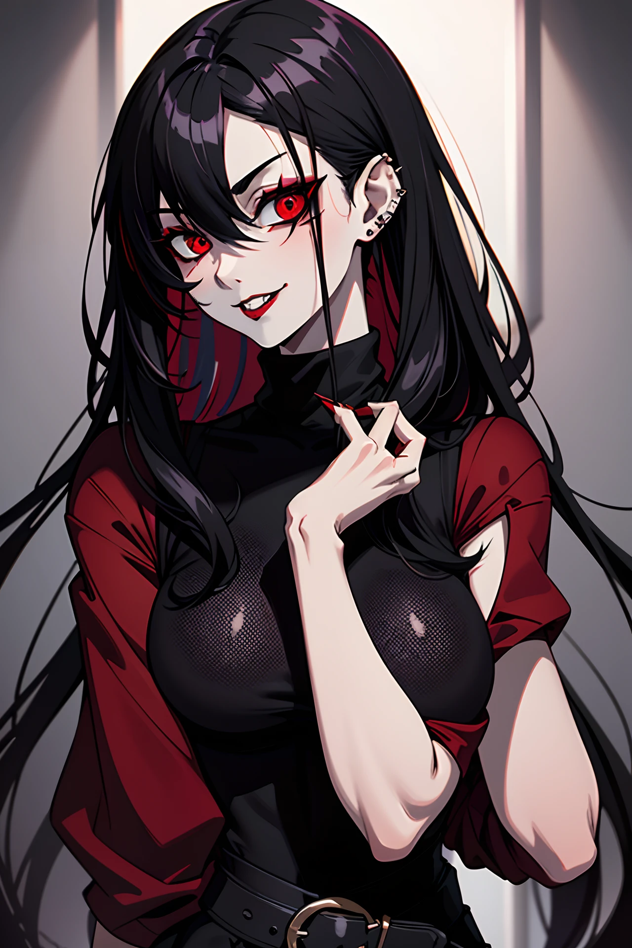 masterpiece, best quality, ultra-detailed, evil lighting, 1girl, goth, black hair, long hair, red eyes, black eyeliner, black lips, piercing, turtleneck, turtleneck sweater, looking at viewer, red glow, evil smile, bloodlust, blood on face, evil