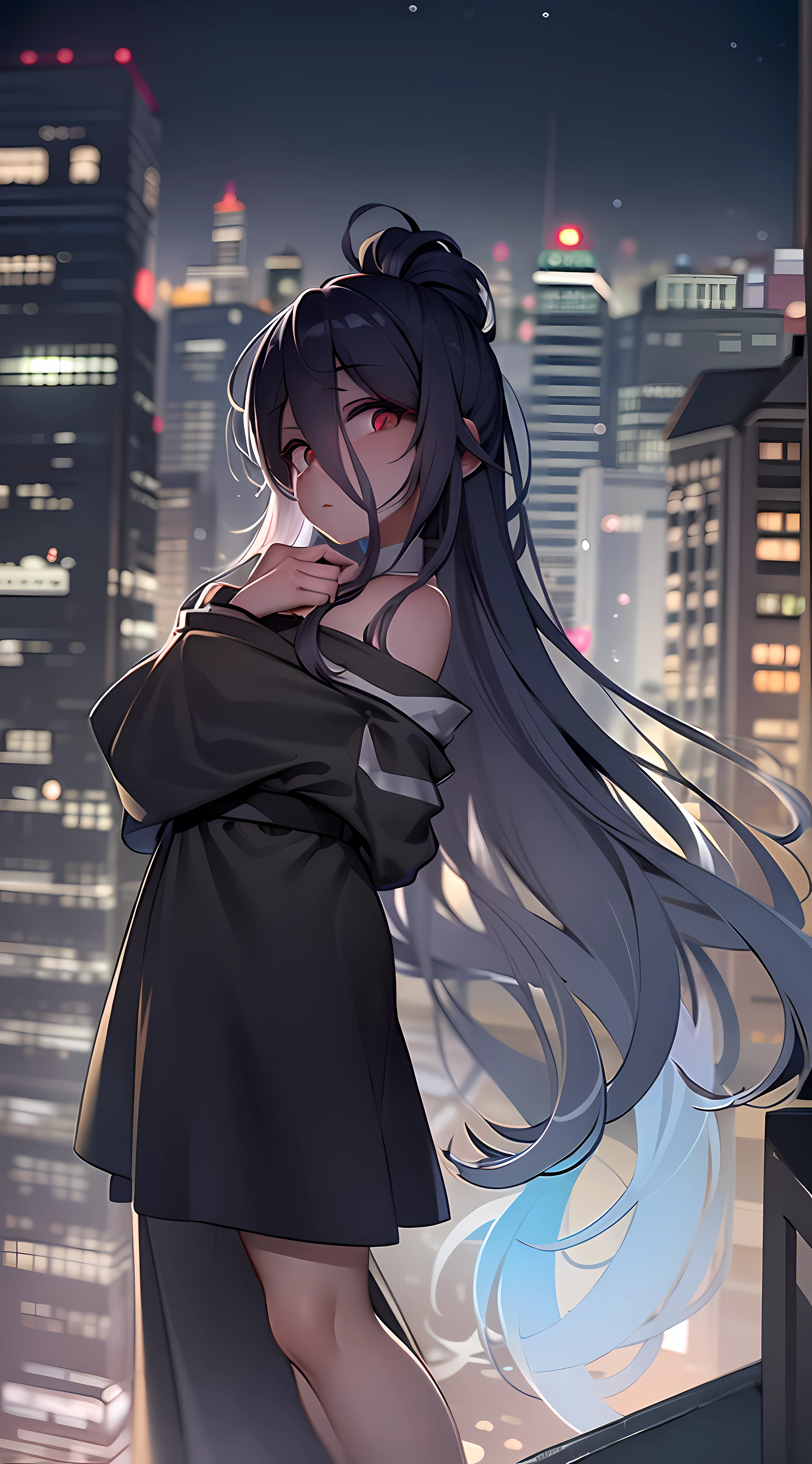 On the rooftop of a high-rise apartment building in the city、Young teenage woman fluttering in the wind。Her gaze stares into the distance.、My heart is mixed with dreams and sadness.。The lights of the surrounding buildings illuminated her contours.、It's as if she's blended into a part of the city