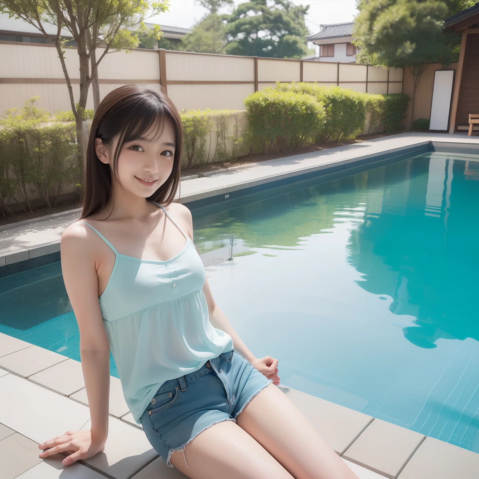 (in 8K, Best Quality, masuter piece, 超A high resolution:1.2),
Photos of Japan women, ar old,misole, Shorts, Smile, Pool Background,
Thigh Focus, Standing,