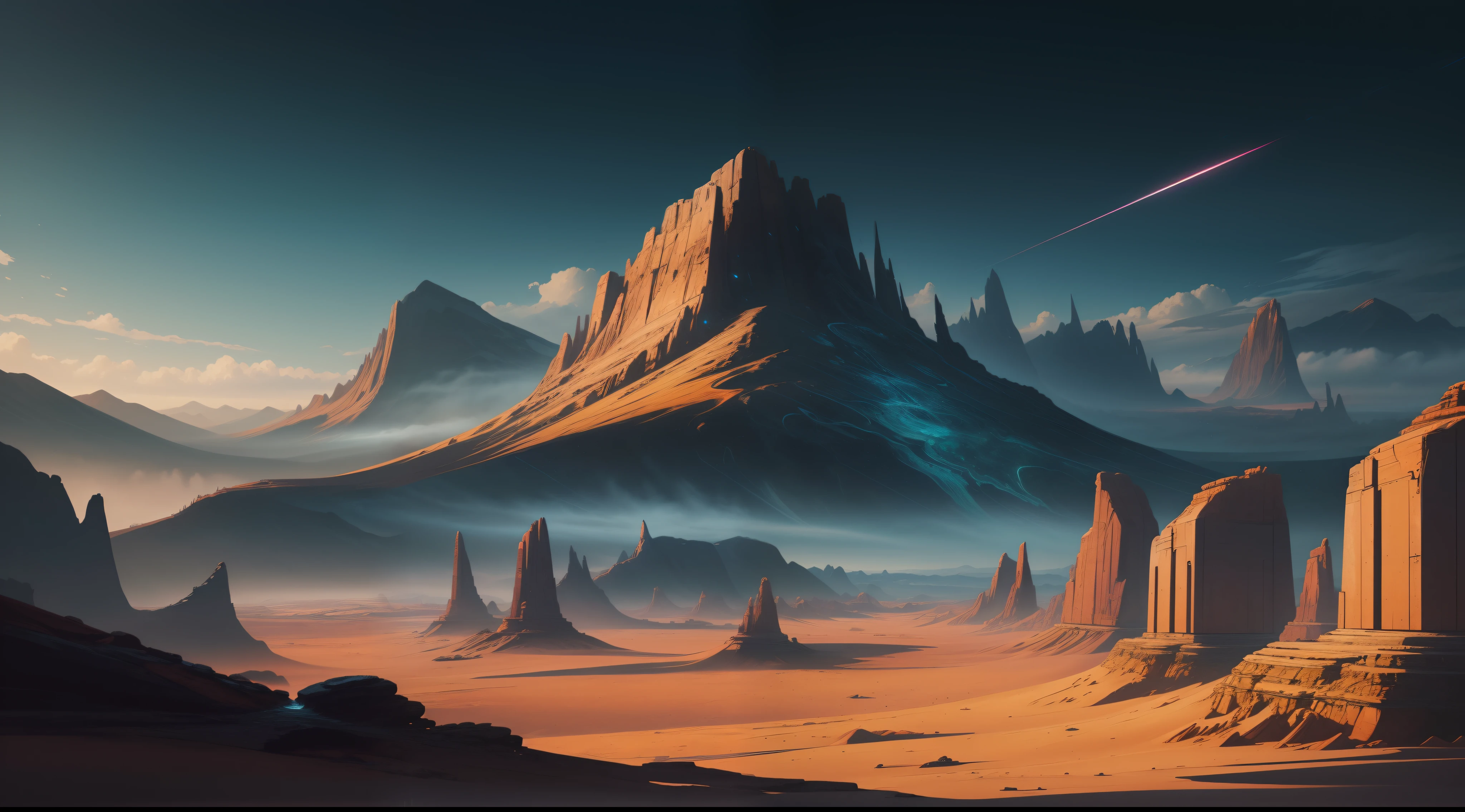 "Landscape oil painting with a sci-fi touch, featuring a mesmerizing photoshop style. Perfectly crafted line art with exceptional print quality. Highly detailed and impeccable resolution of 8K. A stunning representation in the vector format."