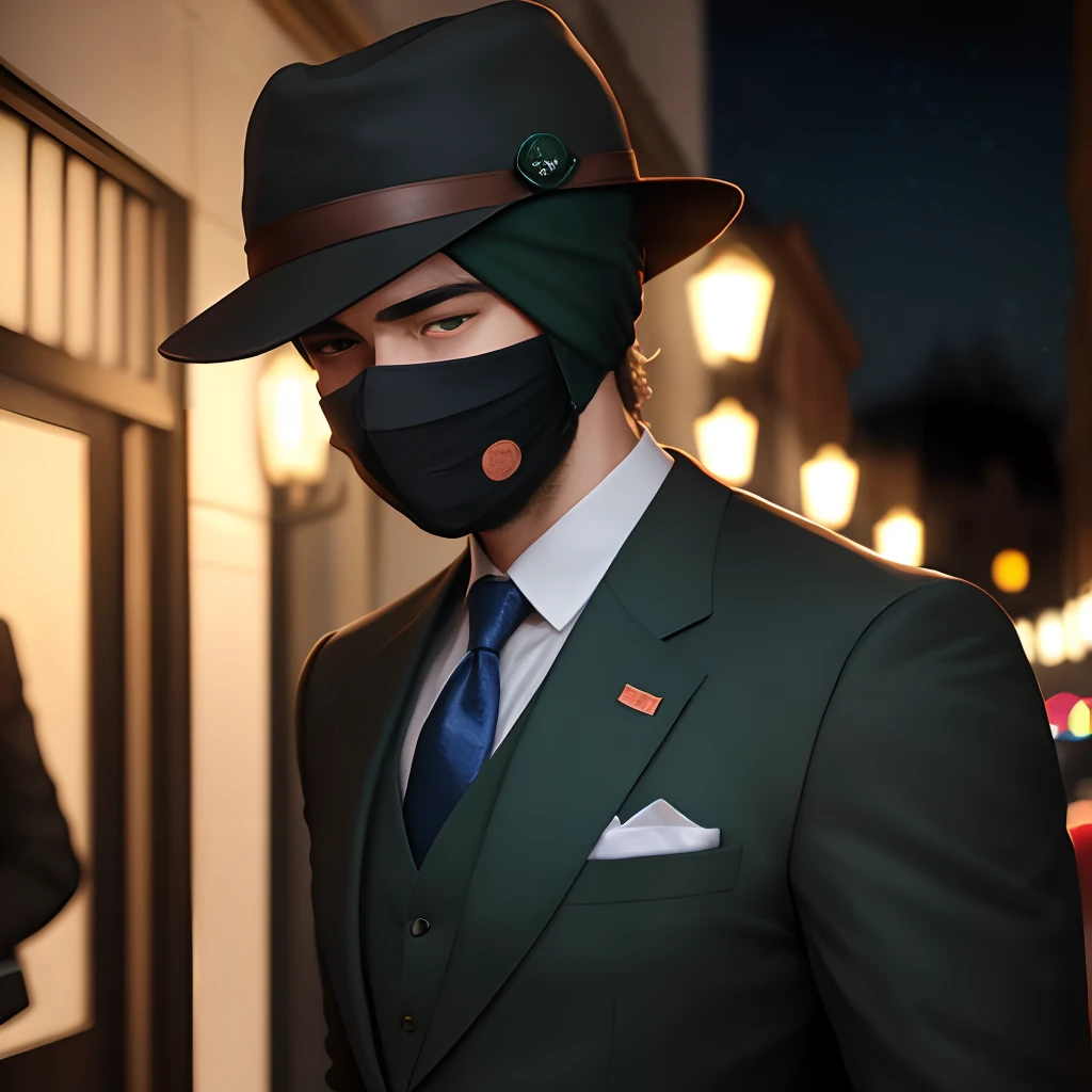 Man in dark green suit with hat with his face covered by night