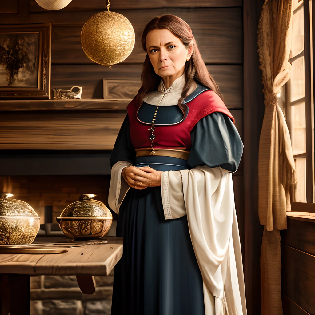 peasant woman, stands next to the table, Long Dress, The mantle of the magician, Ornaments, Honey hair, wrinkles, Adult woman, Thoughtful, pale face, European face, big eyes, large facial features, fantasy style, Middle Ages, Dark tones, low key light, The Dark Middle Ages, Wooden walls, tavern, pub, kitchen, fireplace