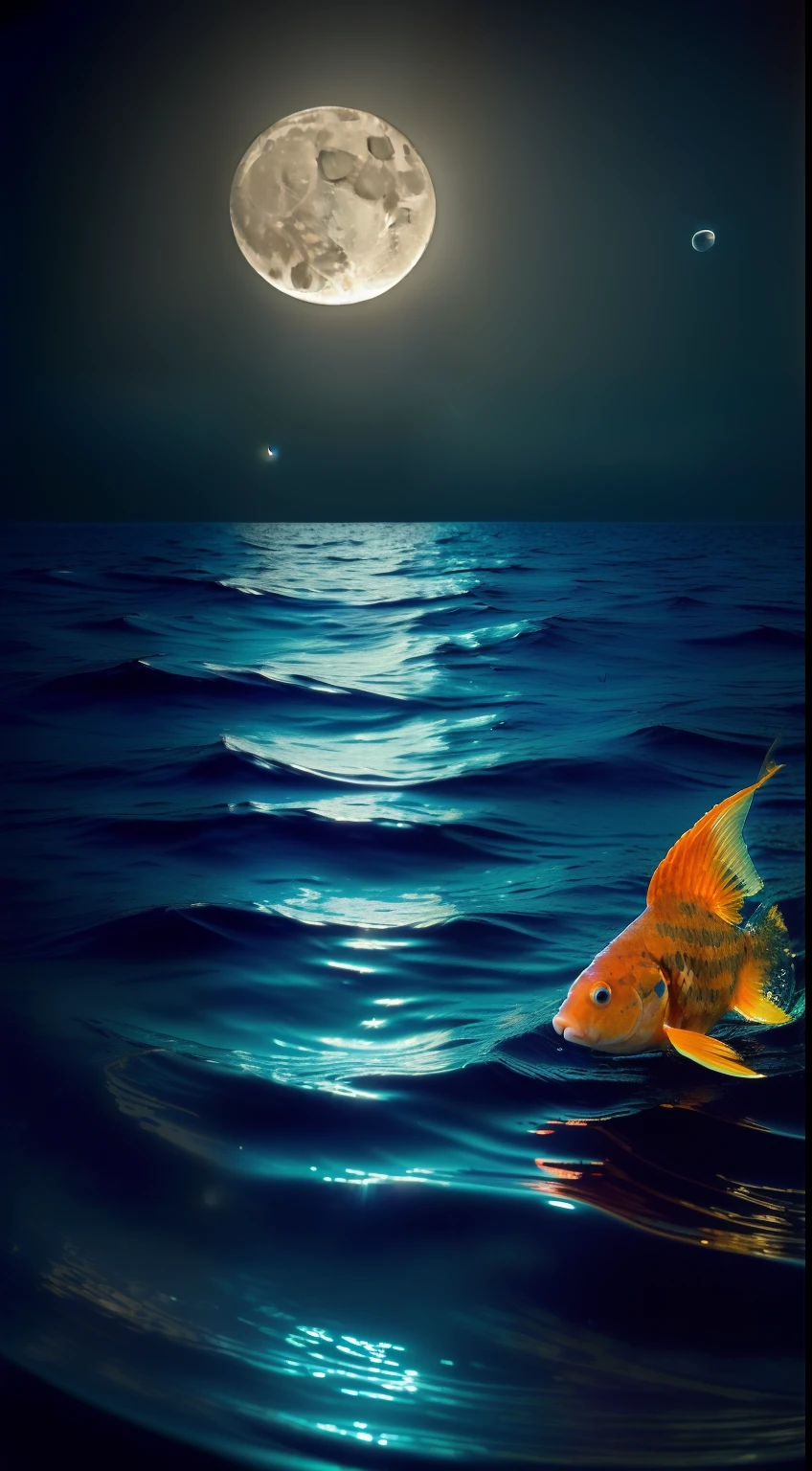 photo, ((( the night, darkly, Light from the Moon))) ((Sea night sky in the water, beautiful goldfish), (((Lightroom))), (tmasterpiece), (perfect proportion), (foto realista), (beste-Qualit), (Detailed), (8K), (HDR), (wallpapers), (电影灯光), (sharp-focus), (an intricate)