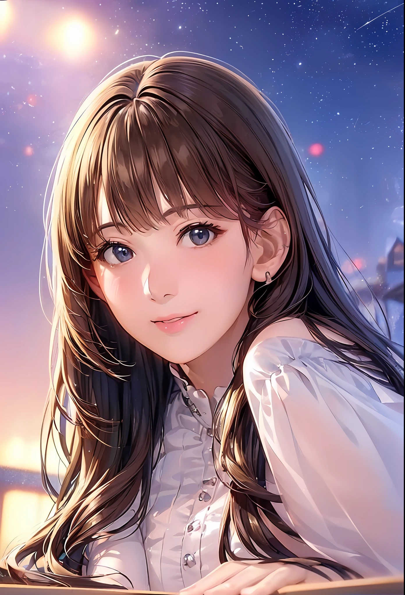 (8K, Best Quality, masutepiece:1.2), (Realistic, Photorealsitic:1.37), Ultra-detailed, 1 girl,Cute, Solo,Midnight,Beautiful detailed sky,Detailed Cafe,Sitting,Dating,(nose blush),(Smile:1.15),(Closed mouth) Small breasts,Beautiful detailed eyes,Floating Hair NovaFrogStyle,Pink dress