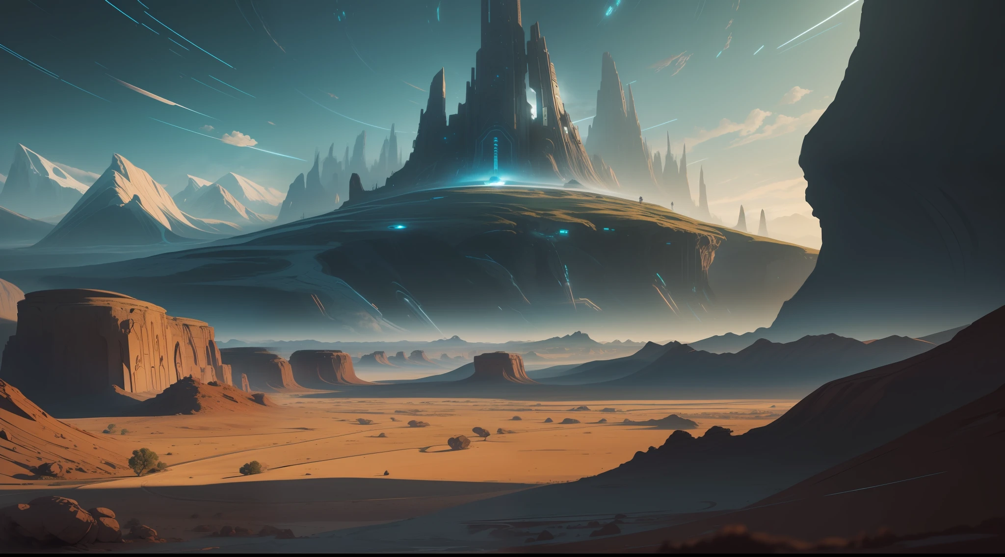 "Landscape oil painting with a sci-fi touch, featuring a mesmerizing photoshop style. Perfectly crafted line art with exceptional print quality. Highly detailed and impeccable resolution of 8K. A stunning representation in the vector format."
