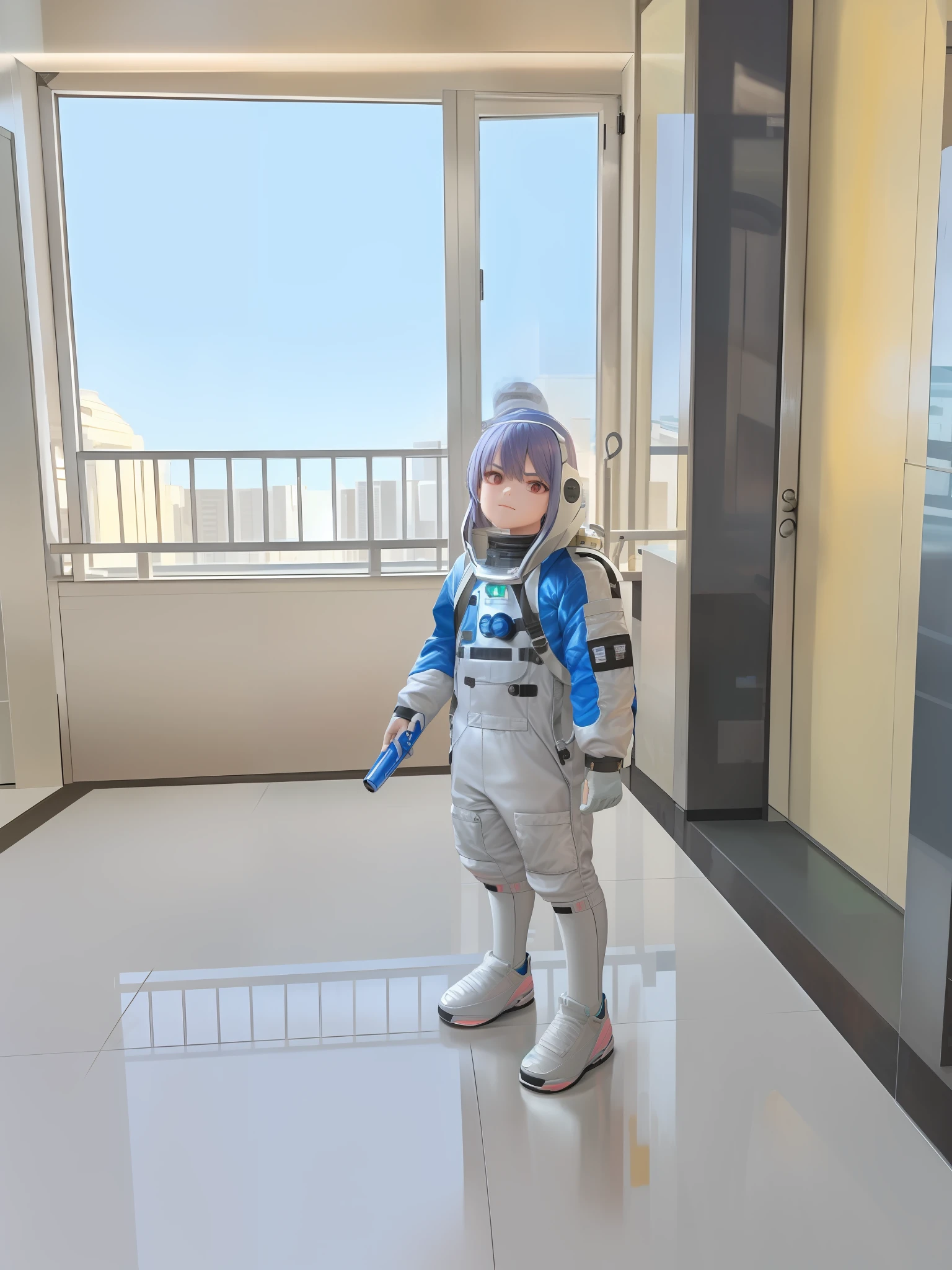 there is a young boy standing in a room with a backpack, in a space cadet outfit, wearing astronaut outfit, wearing a space suit, silver space suit, wearing jetpack, wears a spacesuit, wearing space techwear, 🤬 🤮 💕 🎀, chrome outfit, with a space suit on, wearing futuristic space gear, ???, small astronaut looking up