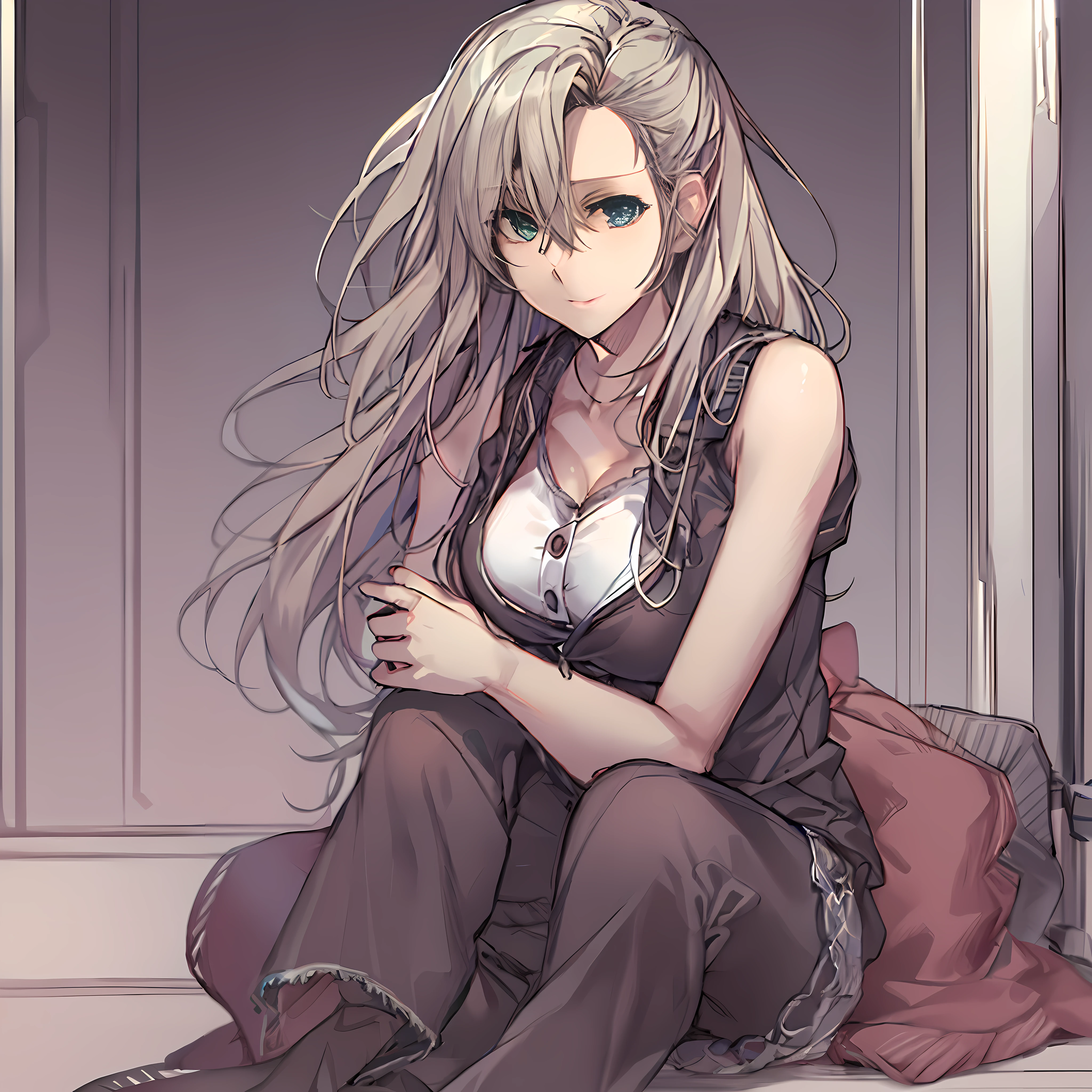 boichi manga style, 1girl, , solo, sitting, long hair, upper body, ((masterpiece))