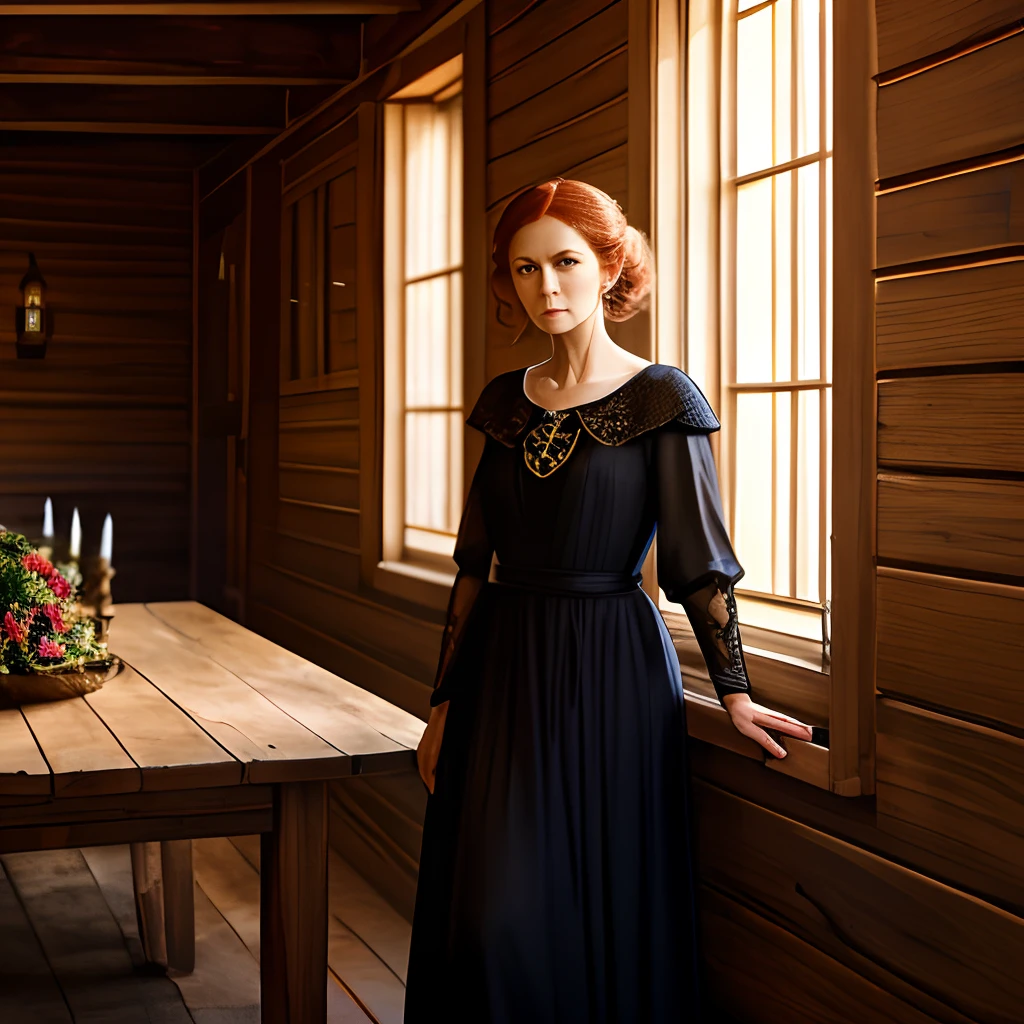Fifty-year-old woman, Calm, stands next to the table, Long Dress, The mantle of the magician, Honey hair, pale face, European face, big eyes, large facial features, fantasy style, Middle Ages, Dark tones, low key light, The Dark Middle Ages, Wooden walls