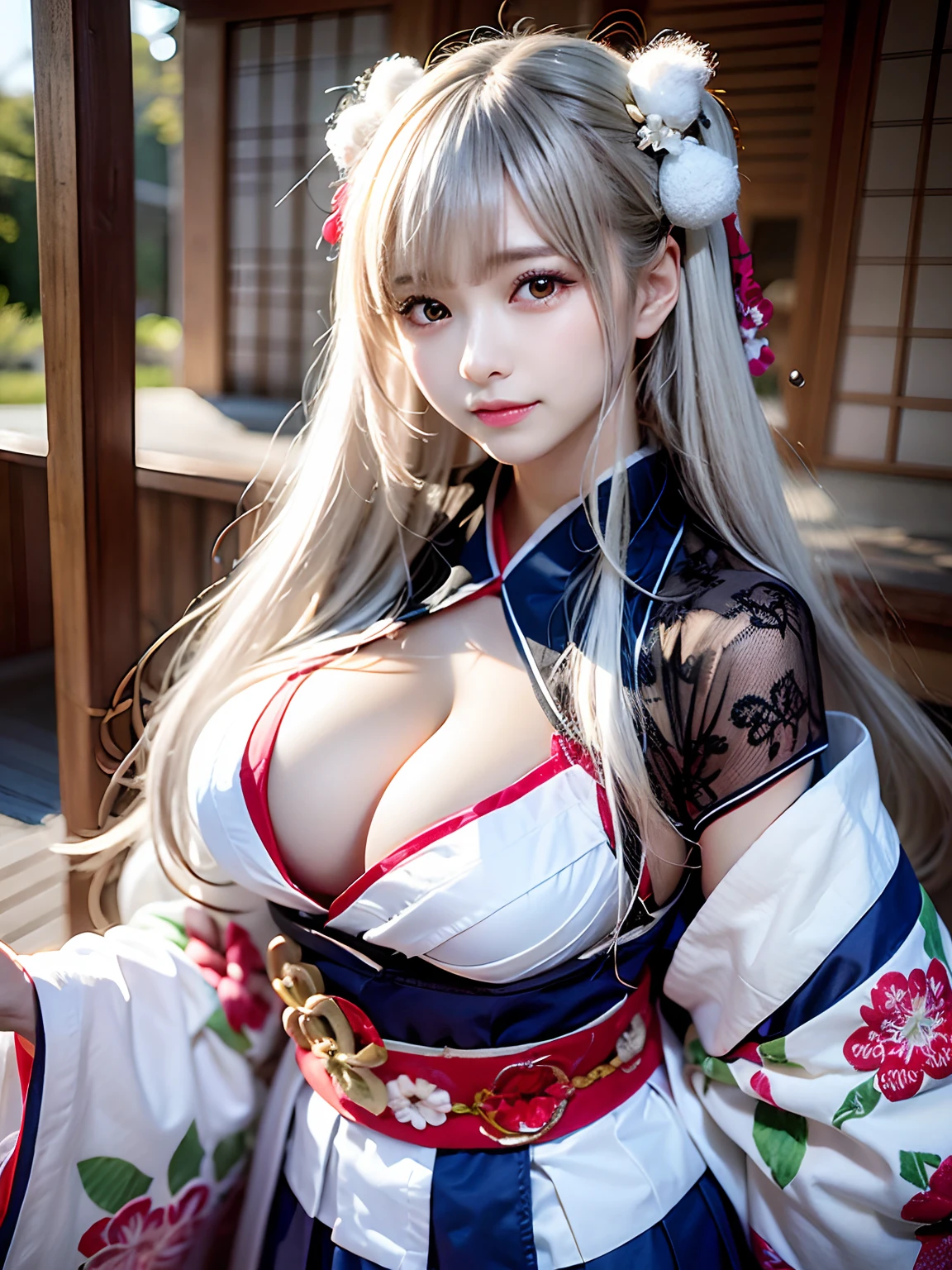 top-quality、masterpiece、超A high resolution、(Photorealsitic:1.4)、Raw foto、1 girl in、((white hair))、full body Esbian、large full breasts、Ultra exposed cleavage、erotick、Erotic look、gargantilha、二重まぶた、Loose and fluffy perm、semi long hair、Pleated skirt with slit、Staring at us with your whole body、Close up with black and white kimono, sōsaku hanga, hakama kimono, Anime Cosplay, Onmyoji, Komono,, high quality costume, intricate hakama, flowing magic robe, bath robe, japanese kimono、((age Korean schoolgirl))、((Korean Female Idols))++、