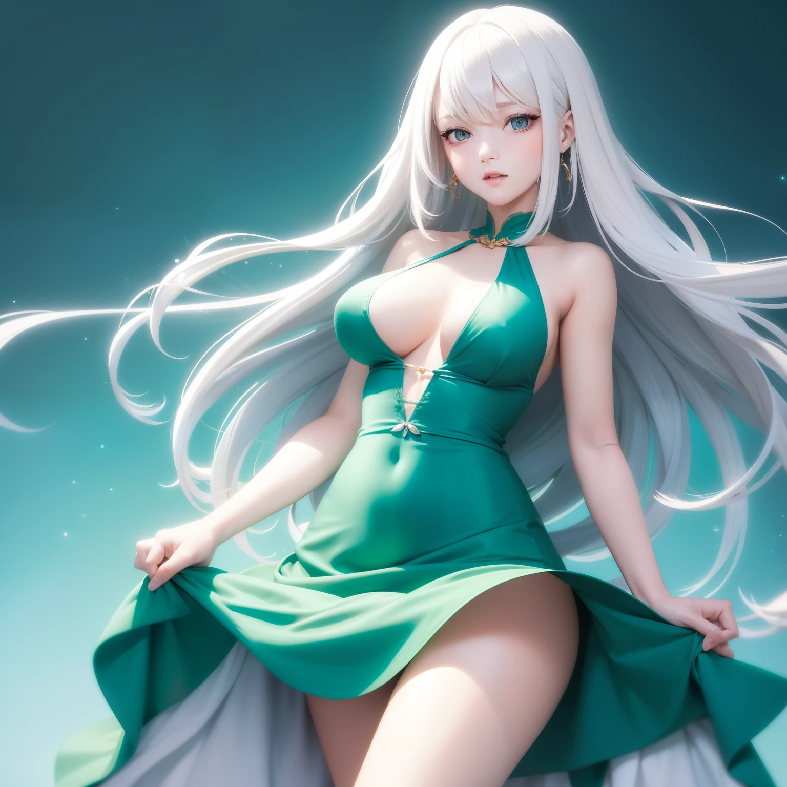 high image, super detail, high resolution, anime, manga, illustration, babydoll long skirt dress, roll up the skirt, speed line, beautiful woman, adult face, make up, ecstatic expression, amorous expression, seductive look, flowing layered messy white medium hair, sparkling sharp big gold eyes, medium breasts, under boob, side boob, great proportion, perfect proportion, slender, full body, beautiful light blue and emerald green background, fantasy