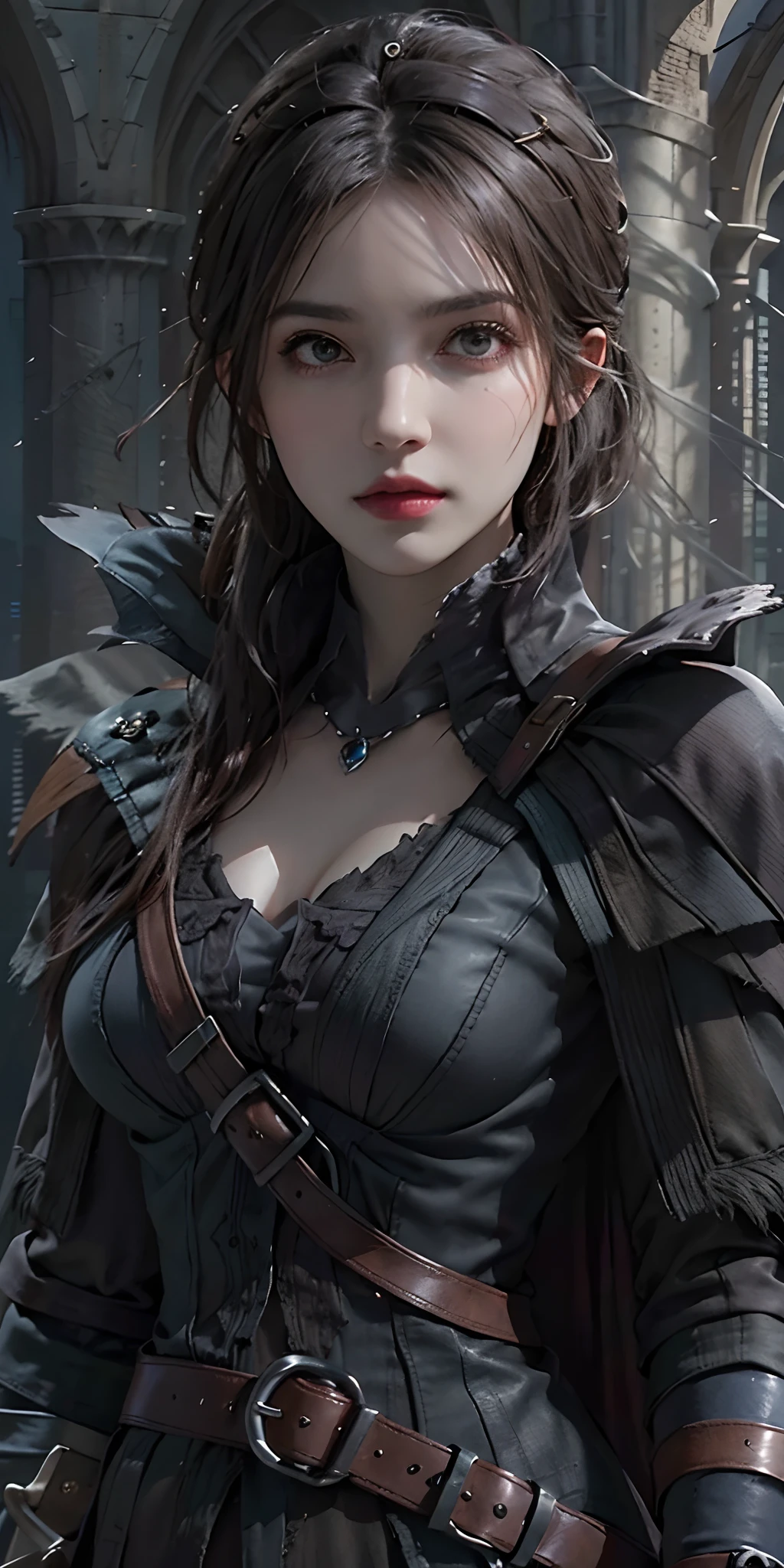 photorealistic, high resolution, soft light,1women, solo, hips up, look at viewer, (detailed face), bangs, edgBB, black gloves, belt, coat, torn clothes, capelet, gauntlets, vambraces, black capelet, hunter (bloodborne), woman wearing edgBB_outfit, outdoors, gothic architecture, jewelry