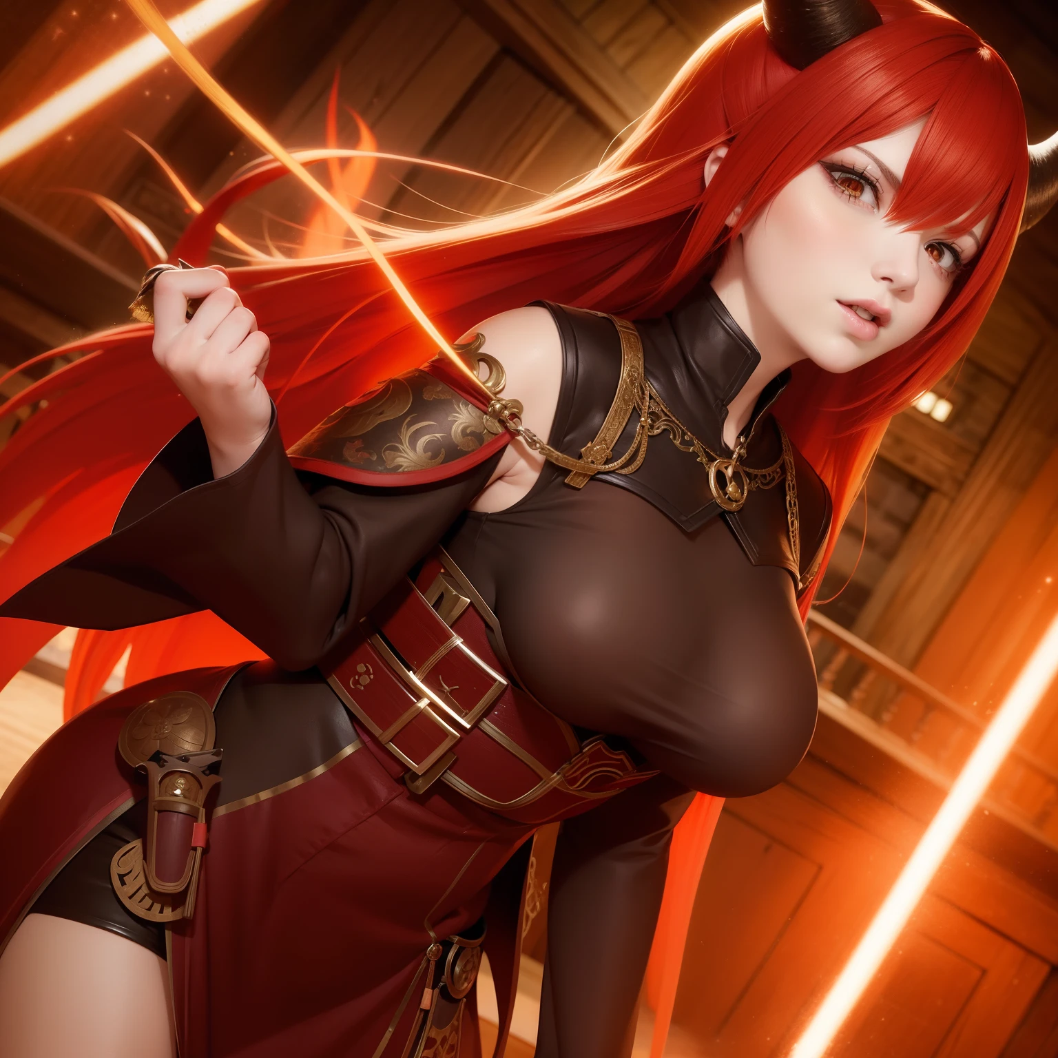 Girl with red hair, orange eyes and black horns, adult, medieval background powers around