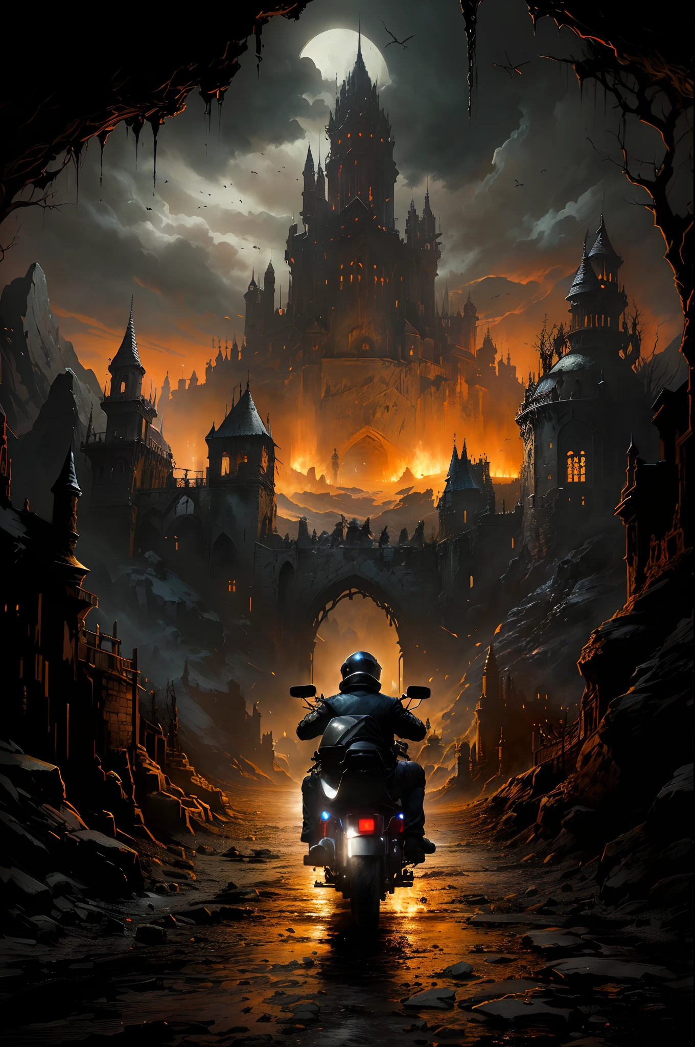 arafed image of a man riding a motorcycle through a dark cave, dan mumford tom bagshaw, in style of dark souls 3, dark souls art style, dark souls art, dark fantasy style art, dark fantasy artwork, in style of dark fantasy art, castlevania inspired, medieval dark fantasy, dark souls inspired, riding in the town of doom