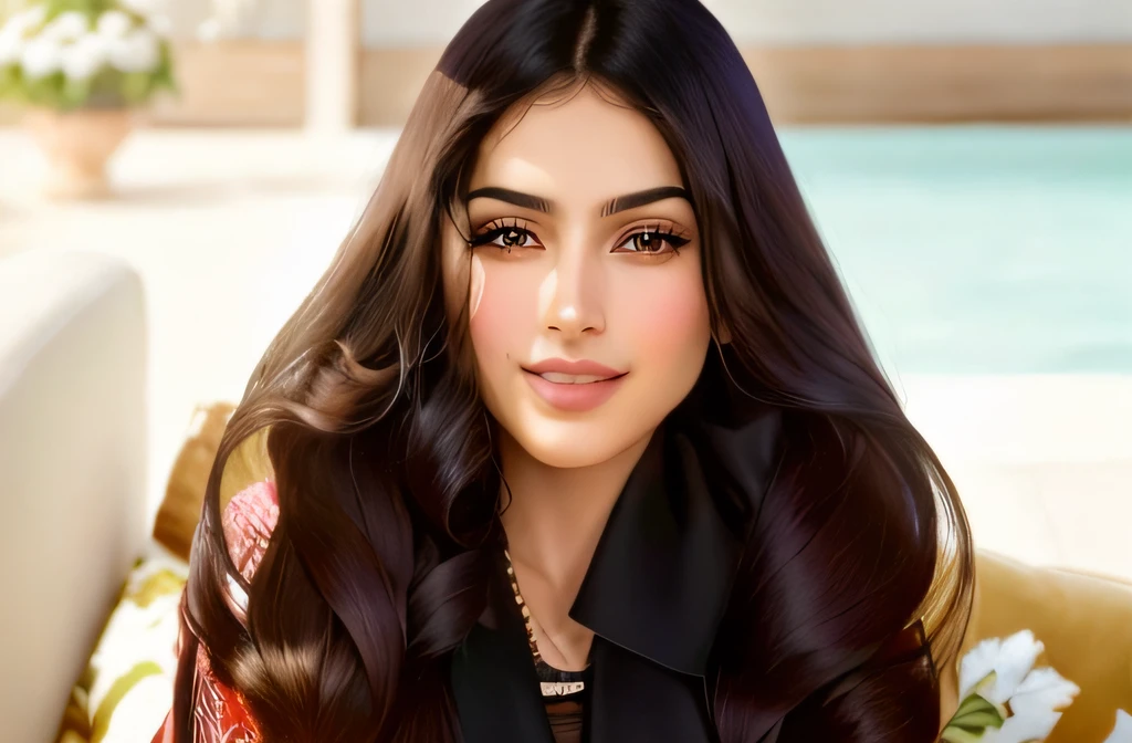 Smiling woman with long dark hair sitting on a couch, Christina Kritikou, Mia califa, Violeta Myers, Sara Ali, Alanis Guillen, mulher iraniana bonita, julia sarda, young middle eastern woman, julia fuentes, Grego Ameera al Taweel, Valentina Embaralhamento, fernanda suarez, Parece Laura Barriales, Ameera Al-Taweel